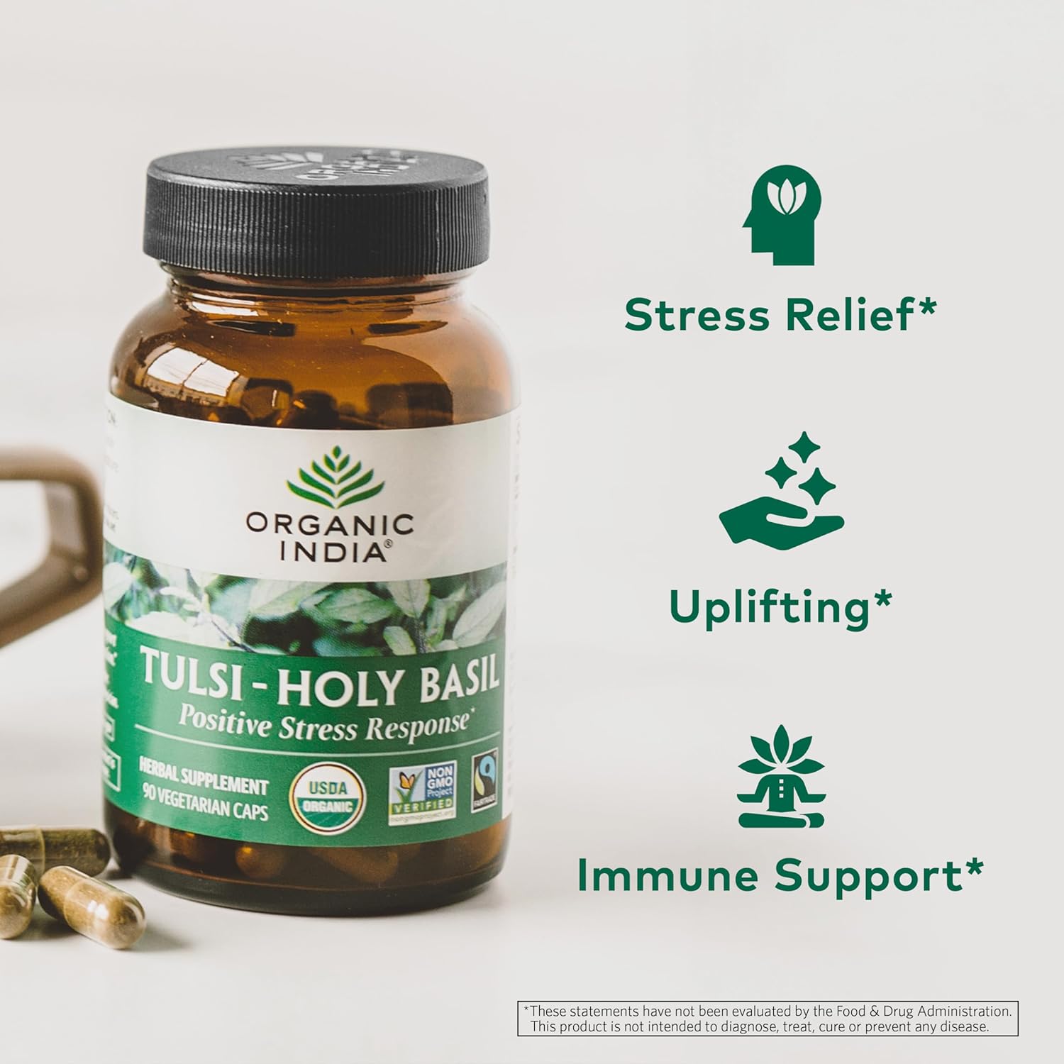 Organic India Tulsi Holy Basil Capsules - Herbal Supplement for Immune Support and Stress Relief - 180 Capsules, Vegan, Gluten-Free, Kosher, Non-GMO