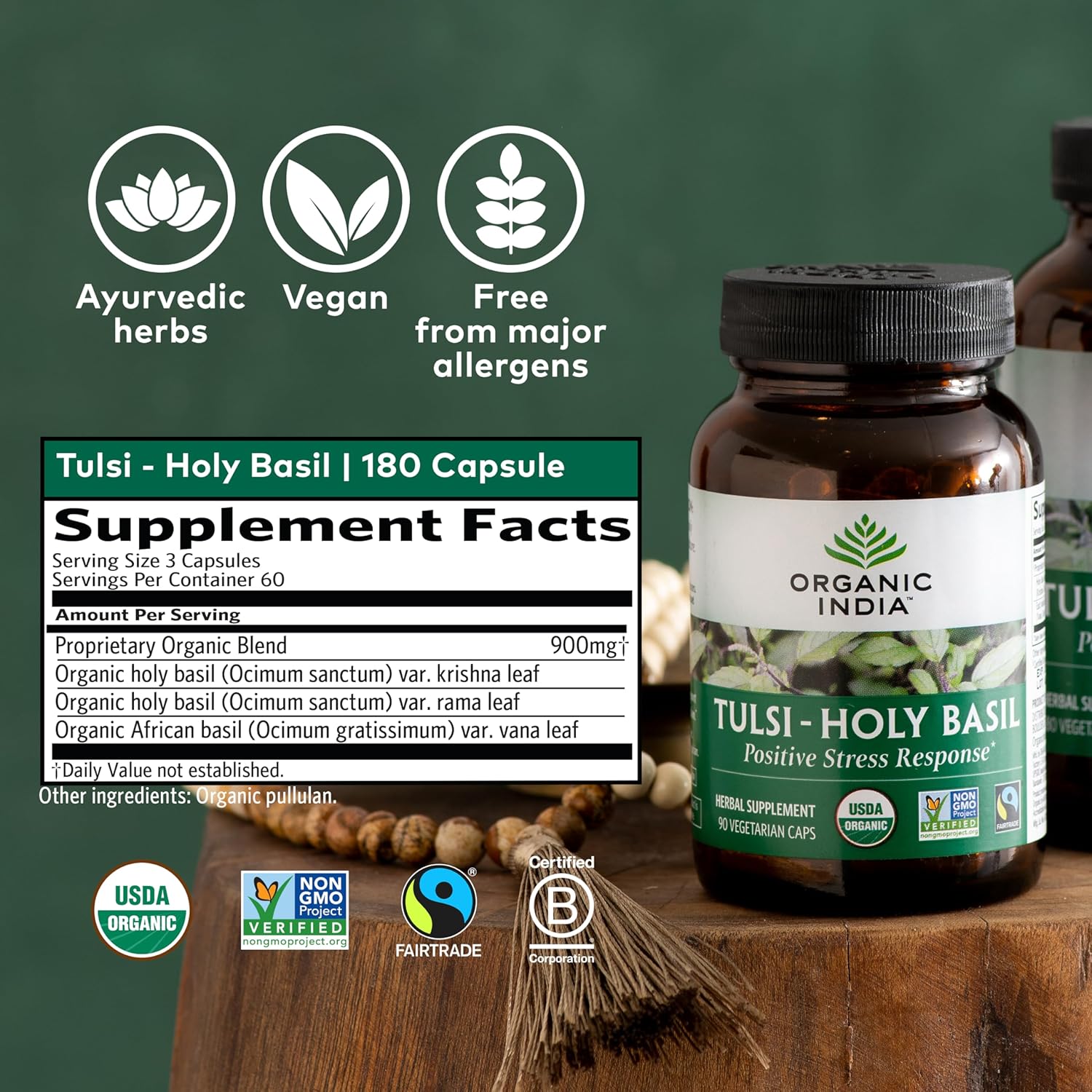 Organic India Tulsi Holy Basil Capsules - Herbal Supplement for Immune Support and Stress Relief - 180 Capsules, Vegan, Gluten-Free, Kosher, Non-GMO