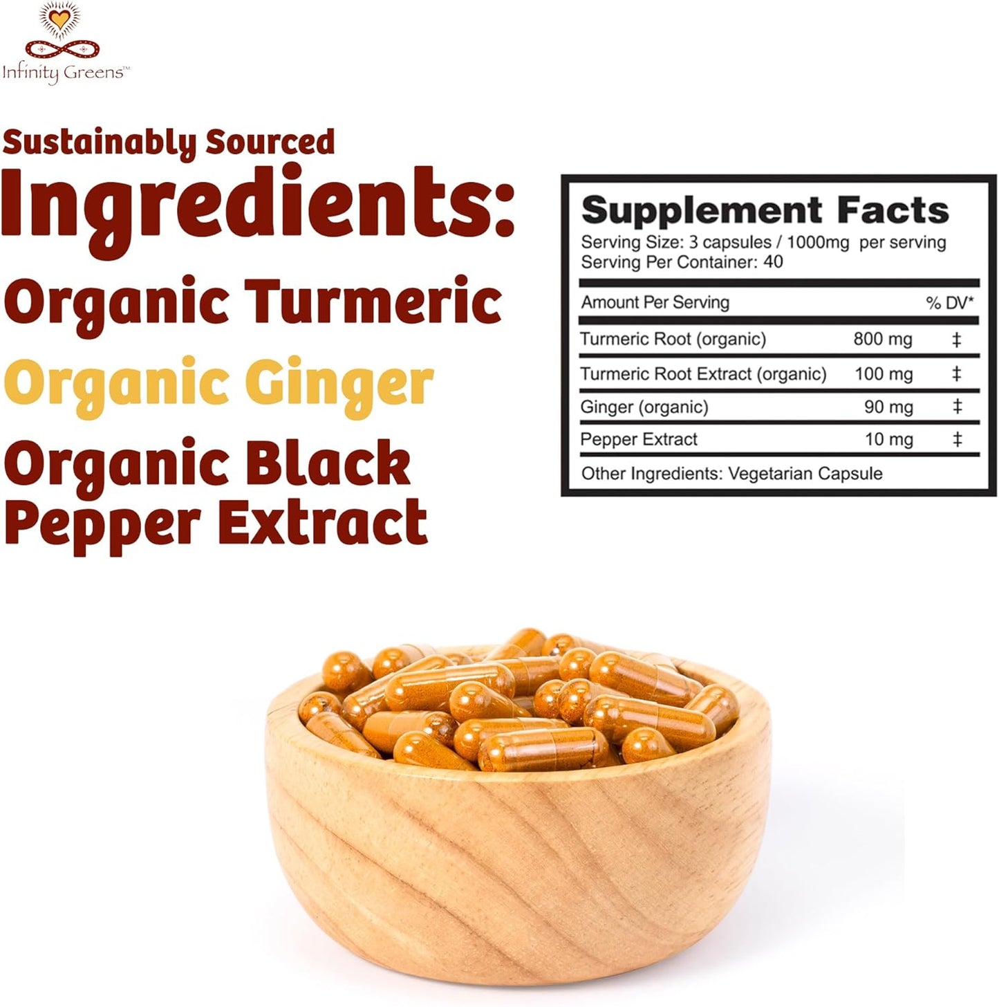 Organic Infinity Greens Turmeric Capsules with High Potency Curcumin, Black Pepper, and Ginger - Raw, Vegan, Gluten Free