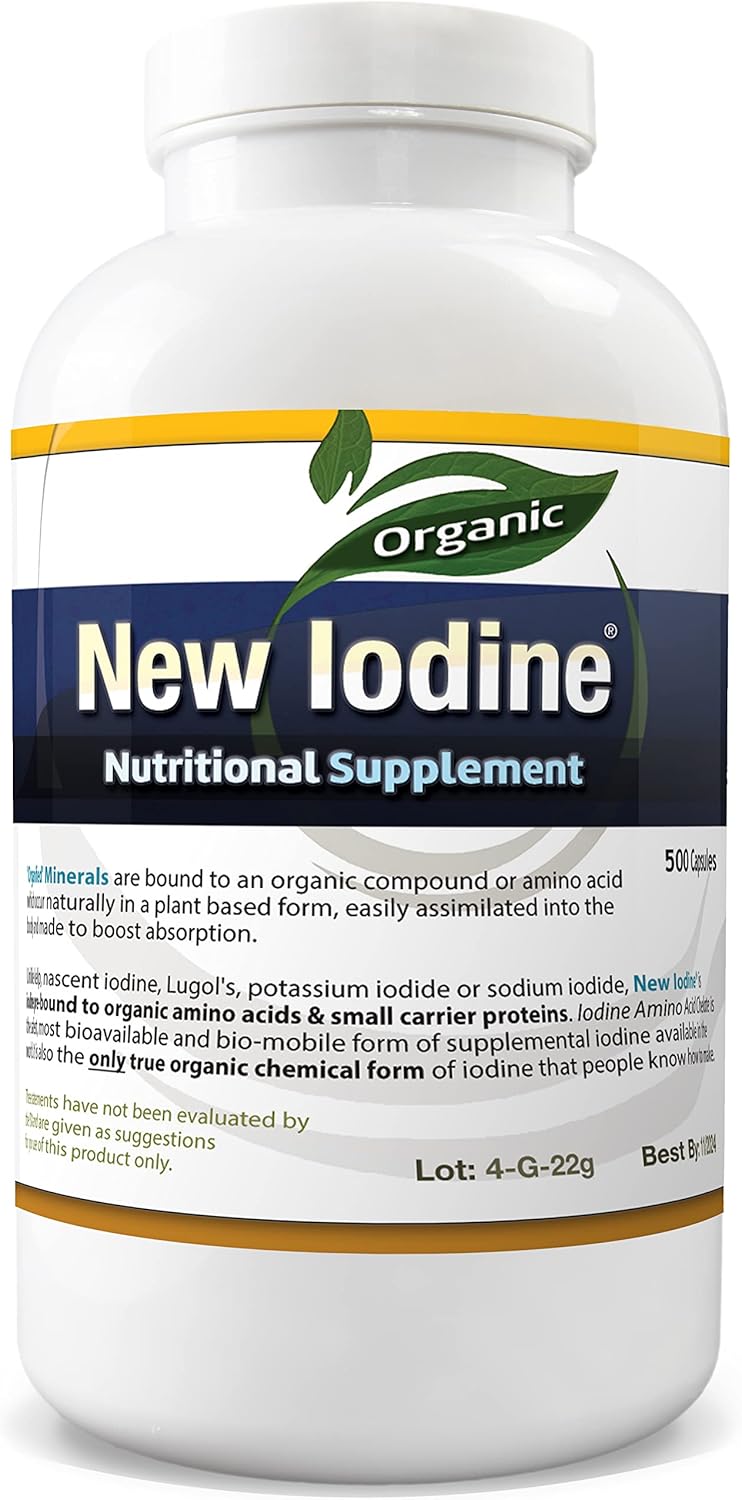 Organic Iodine Amino Acid Chelate Supplement - 500 Vegan Caps - Gluten Free - Small Capsules