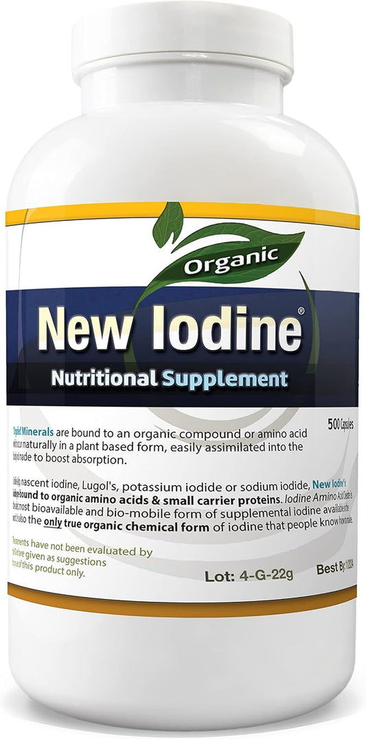 Organic Iodine Amino Acid Chelate Supplement - 500 Vegan Caps - Gluten Free - Small Capsules