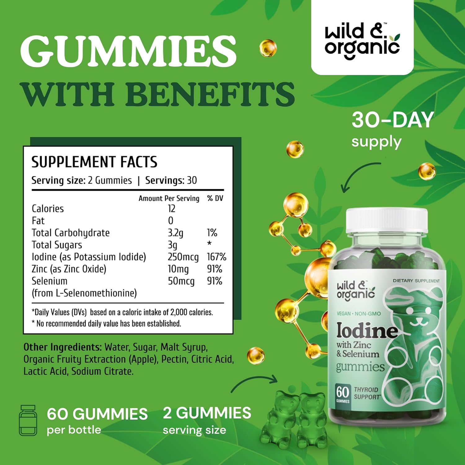 Organic Iodine Gummies with Immune Support Complex - Selenium, Zinc, and Potassium Iodide Supplement - Vegan 60ct Pectin Gummies