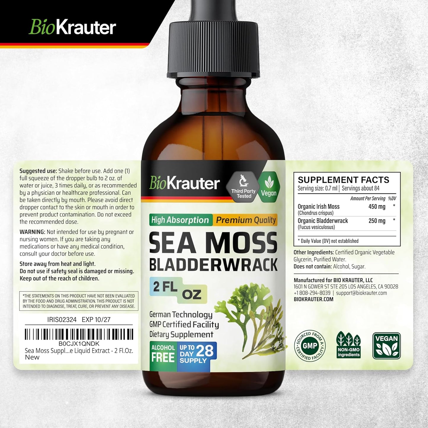 Organic Irish Sea Moss and Bladderwrack Drops - Iodine-Rich Sea Moss Supplement - Alcohol and Sugar Free - 2 Fl.Oz. Bottle