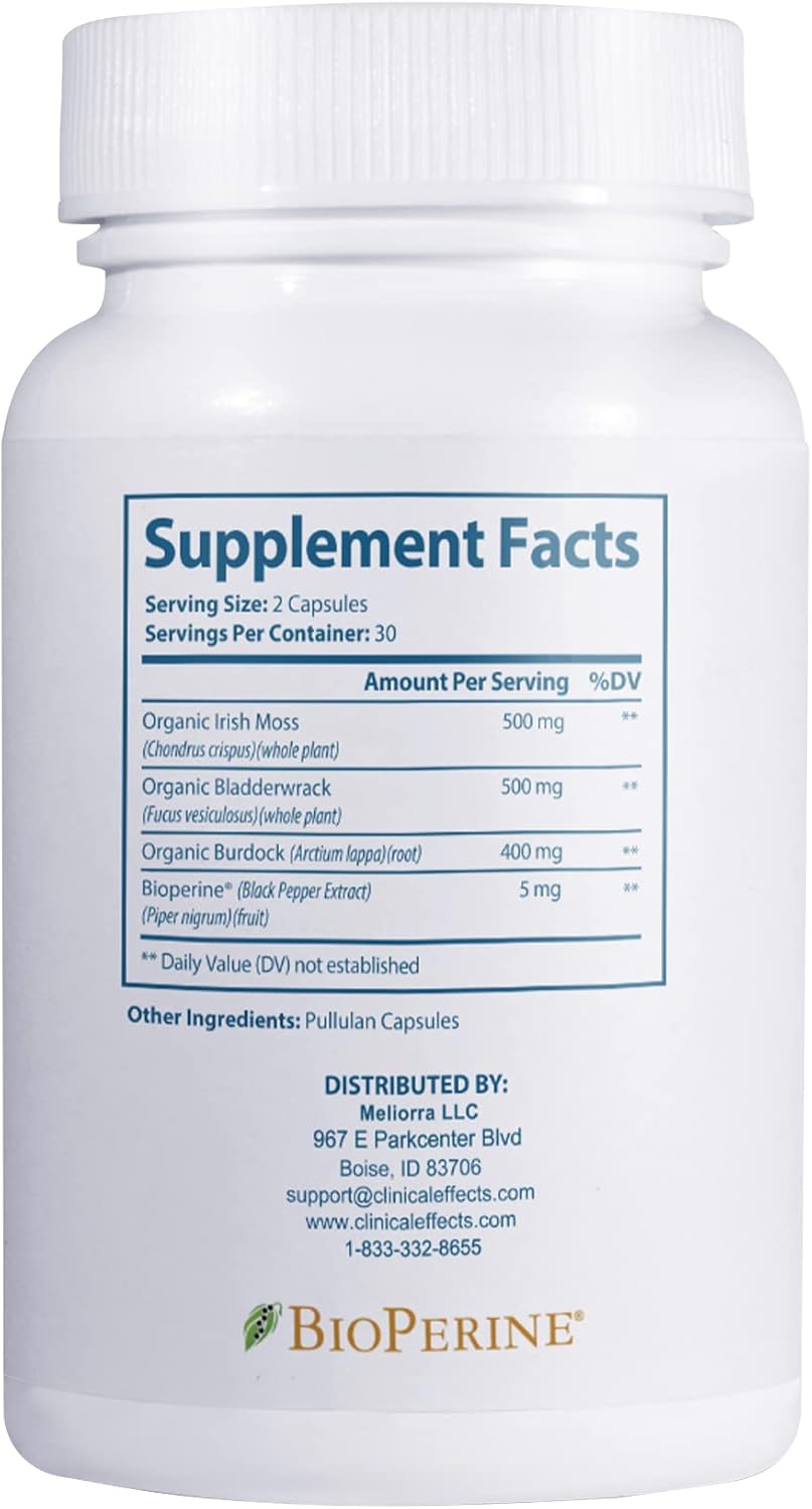 Organic Irish Sea Moss Capsules with Bladderwrack, Burdock Root, Bioperine - Thyroid & Heart Health Support - Made in USA - 60ct