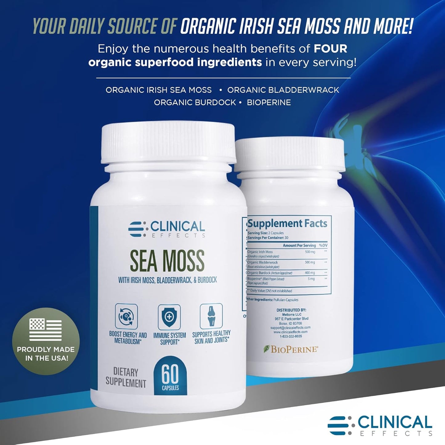 Organic Irish Sea Moss Capsules with Bladderwrack, Burdock Root, Bioperine - Thyroid & Heart Health Support - Made in USA - 60ct