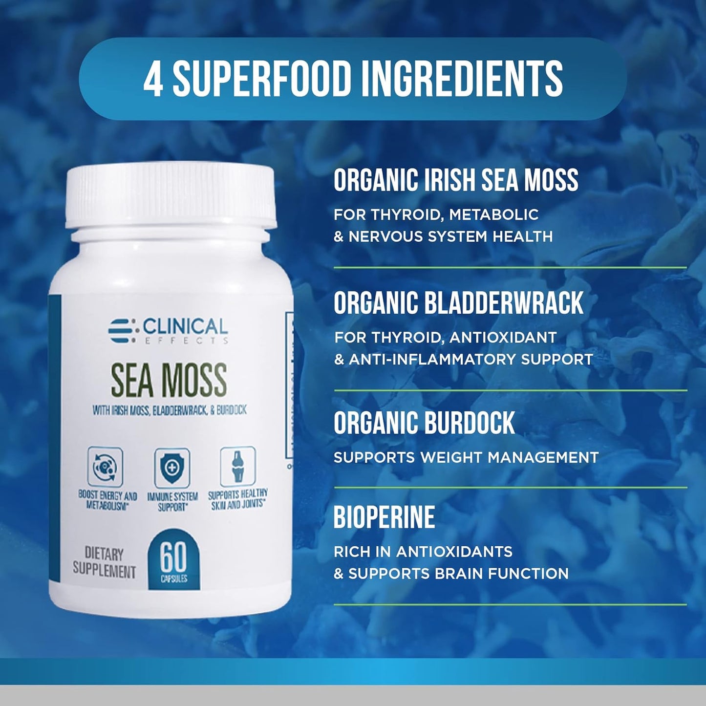 Organic Irish Sea Moss Capsules with Bladderwrack, Burdock Root, Bioperine - Thyroid & Heart Health Support - Made in USA - 60ct