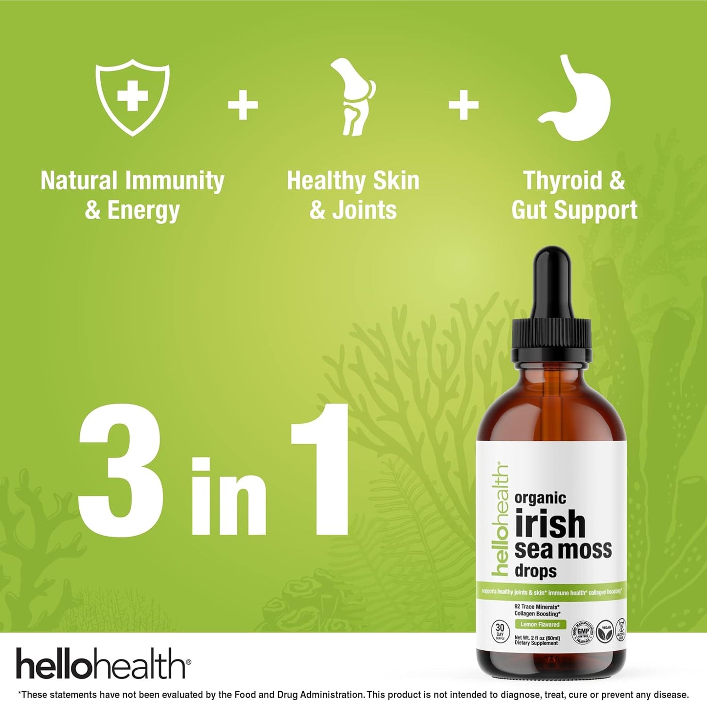 Organic Irish Sea Moss Drops with Burdock Root and Bladderwrack - 1000mg Superfood Supplement for Immune, Thyroid, Gut, Skin & Joint Health - 2oz