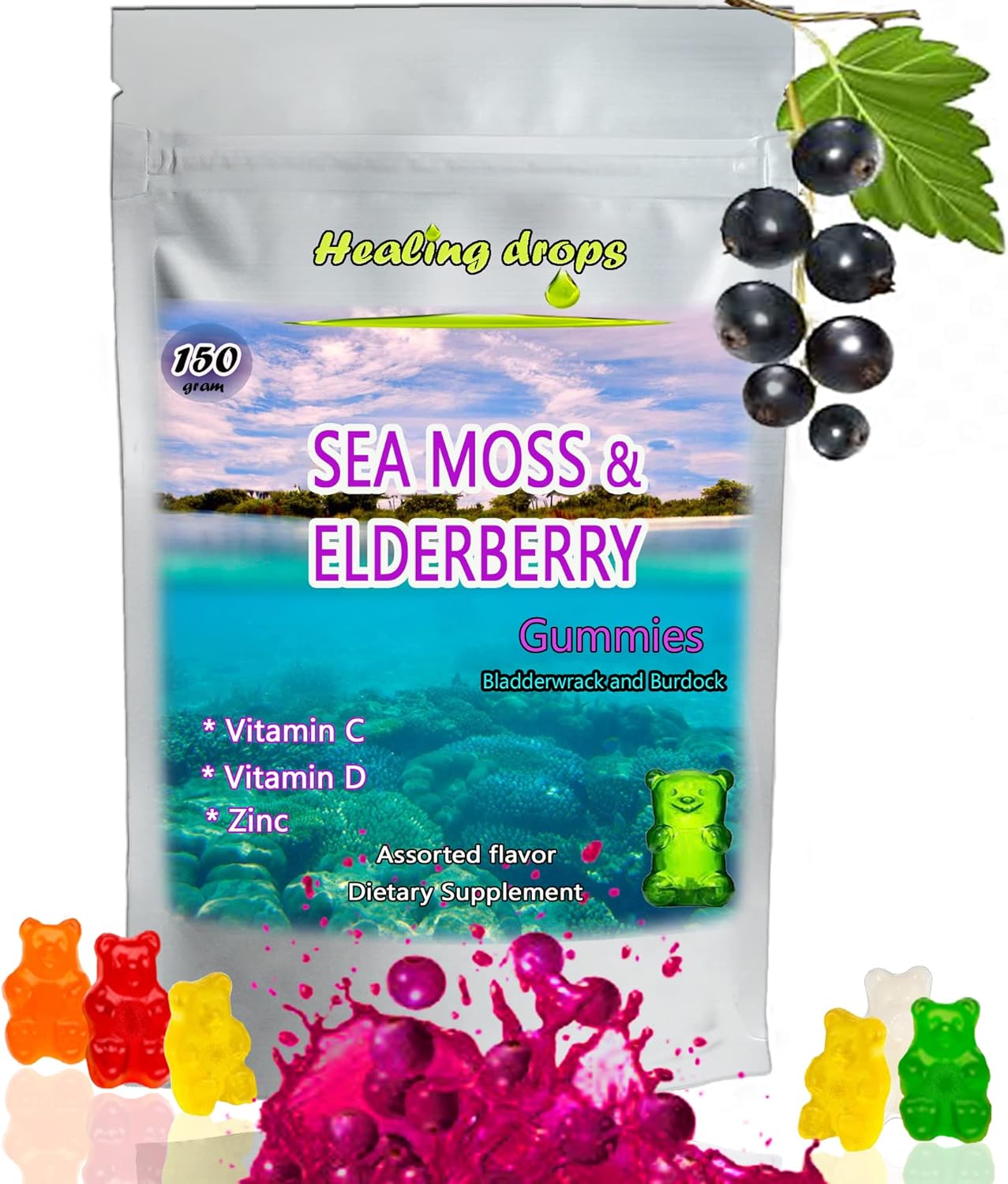 Organic Irish Sea Moss Gummies with Bladderwrack & Burdock Root - Alkaline Keto Vegan Diet Supplement for Skin Detox - Elderberry Mix