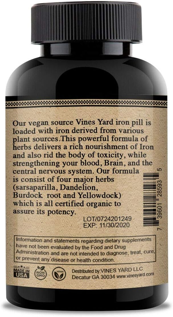 Organic Iron Pills with Sarsaparilla & Dandelion Root - 100 Pack - Vines Yard Herbal Iron Supplements