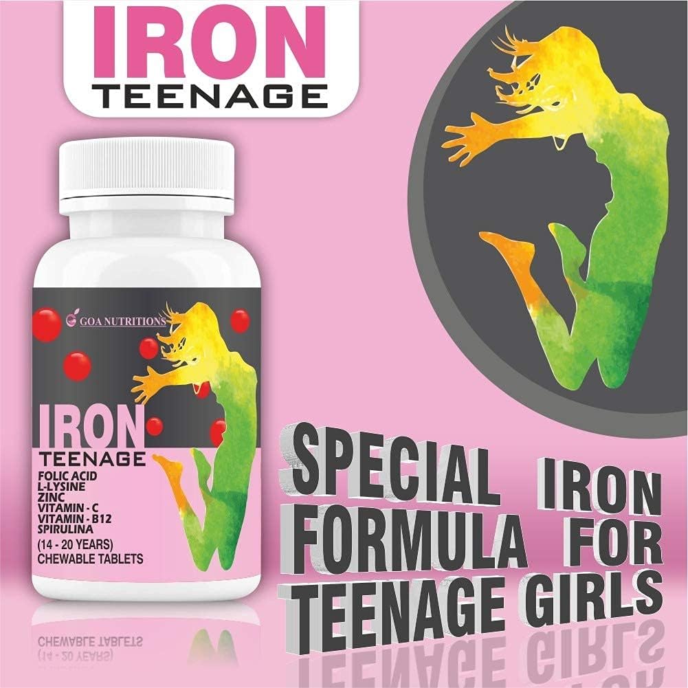 Organic Iron Tablet with Folic Acid, Vitamin C, B12, Spirulina & Zinc - Haemoglobin Booster for Women & Teenage Girls - 60 Chewable Tablets