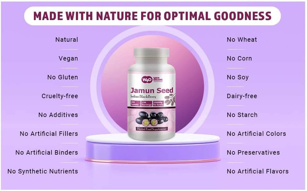 Organic Jamun Seed Capsules - 300 Pills, 150 Servings, 1000 mg - Indian BlackBerry Supplement