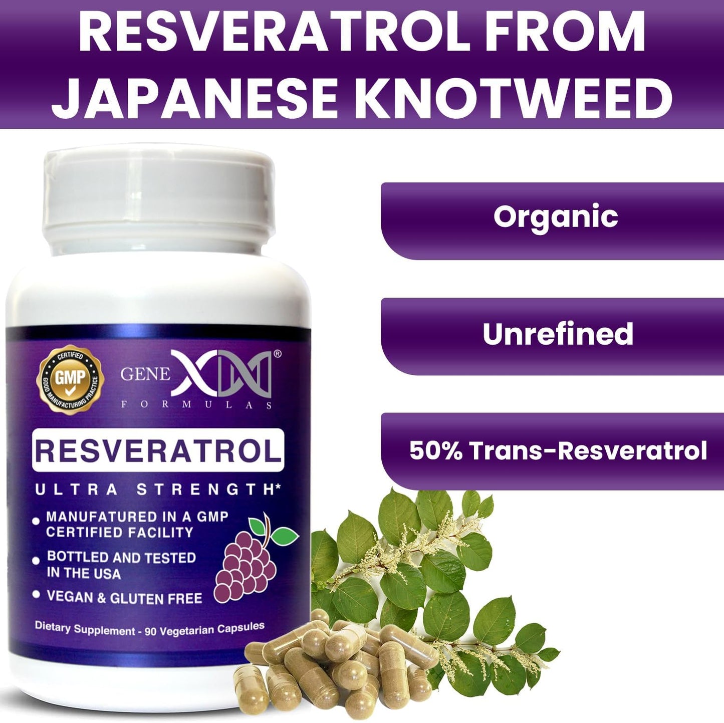 Organic Japanese Knotweed Resveratrol Supplement 1500mg with BioPerine for Absorption - Vegan, Gluten-Free Anti-Aging Capsules - 90 Count
