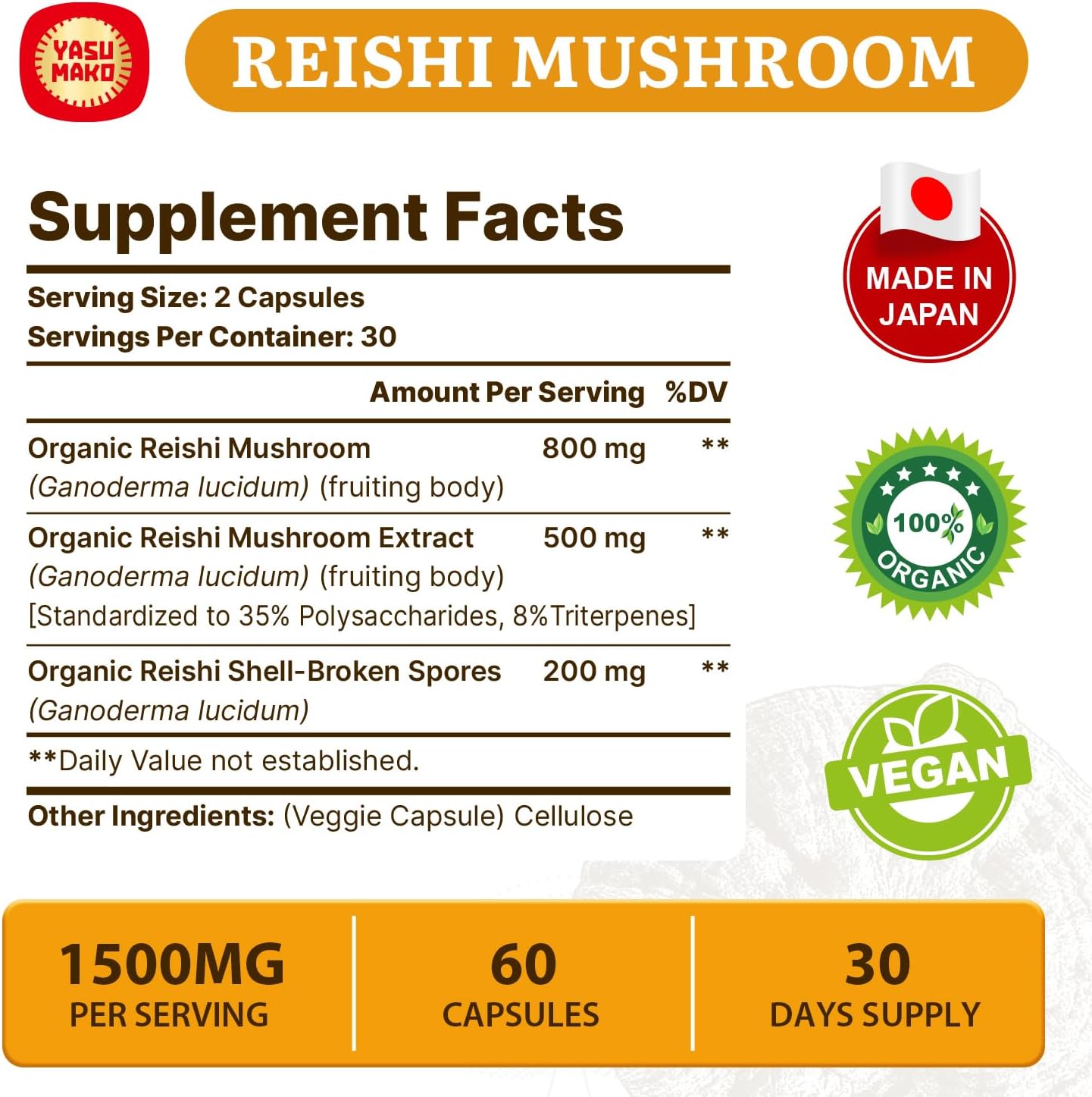Organic Japanese Reishi Mushroom Supplement Capsules for Immune System Support - 800mg with Extract & Spores - Real Fruiting Body - Pack of 2