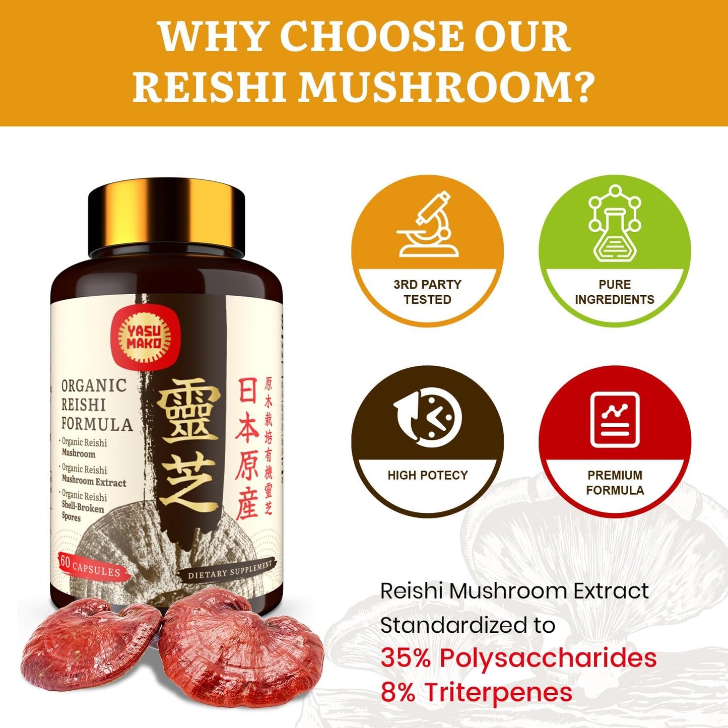 Organic Japanese Reishi Mushroom Supplement Capsules for Immune System Support - 800mg with Extract & Spores - Real Fruiting Body - Pack of 2