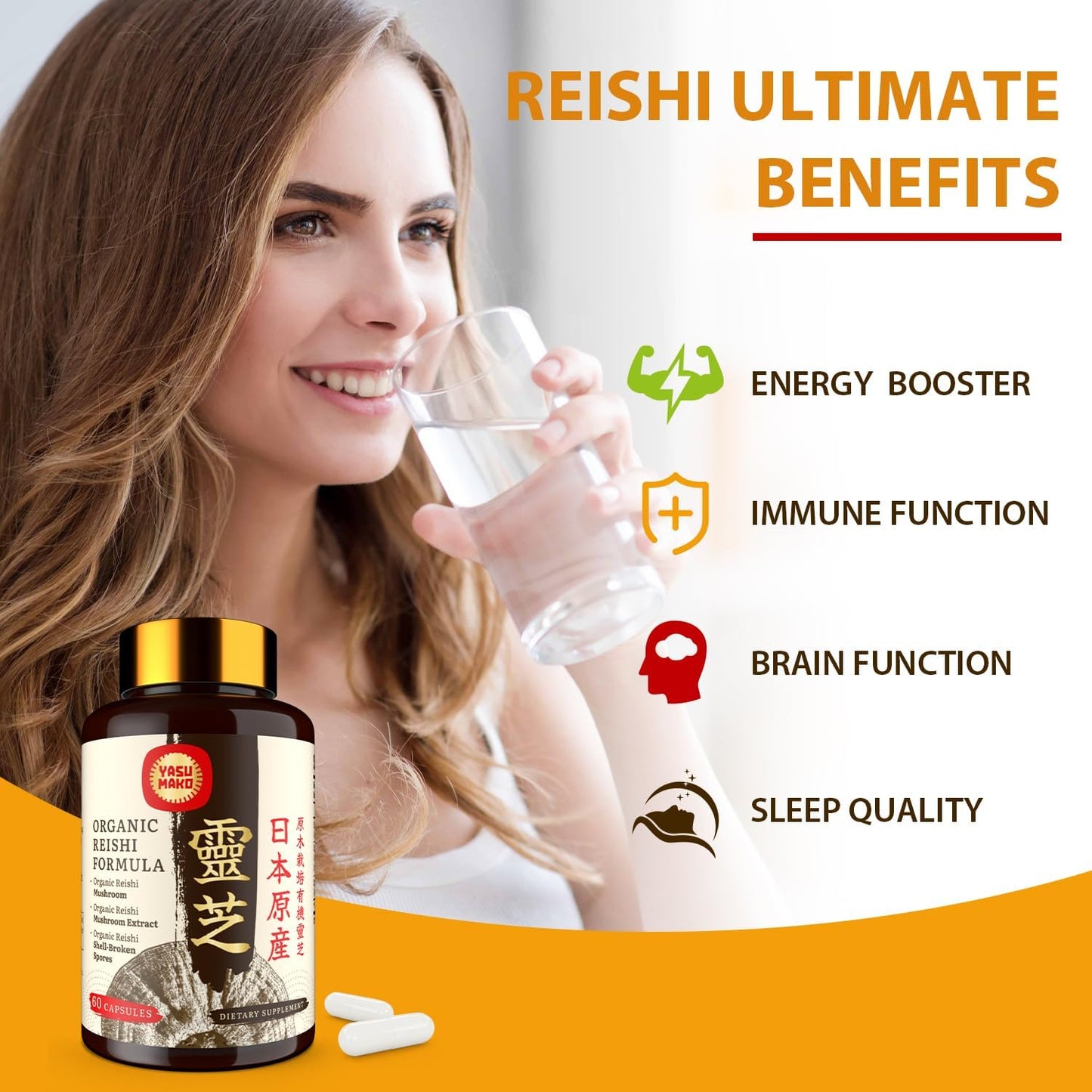 Organic Japanese Reishi Mushroom Supplement Capsules for Immune System Support - 800mg with Extract & Spores - Real Fruiting Body - Pack of 2