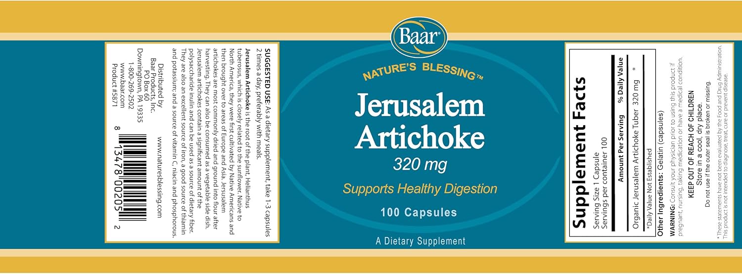 Organic Jerusalem Artichoke Capsules - 320 mg, 100 Count by Baar