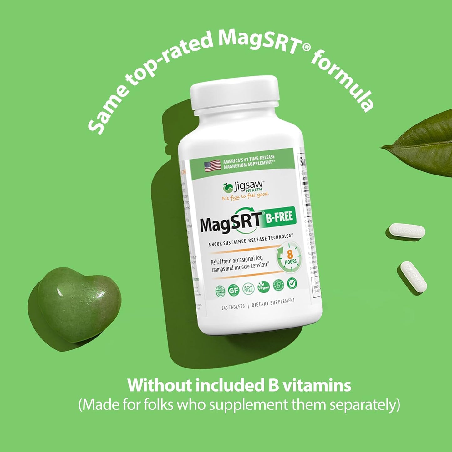 Organic Jigsaw Health MagSRT (B-Free) Magnesium Supplement - Slow Release, Bioavailable Malate Tablets - 240 Tablets