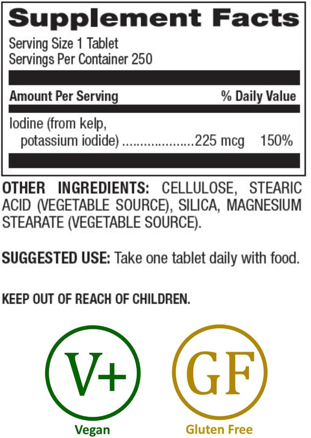 Organic Kelp Iodine Supplement for Metabolism, Thyroid Function, Immunity & Bone Health, 225 mcg - 250 Tablets (2 Pack)