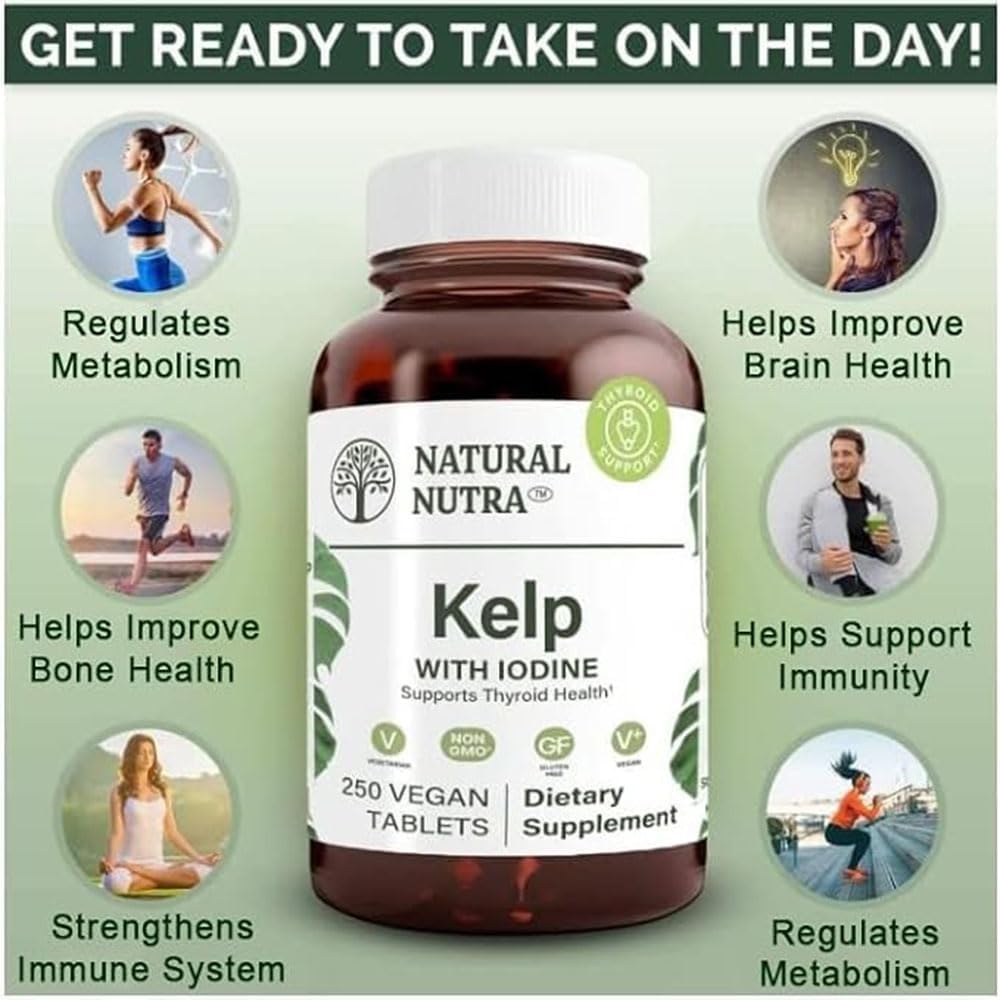 Organic Kelp Iodine Supplement for Metabolism, Thyroid Function, Immunity & Bone Health, 225 mcg - 250 Tablets (2 Pack)