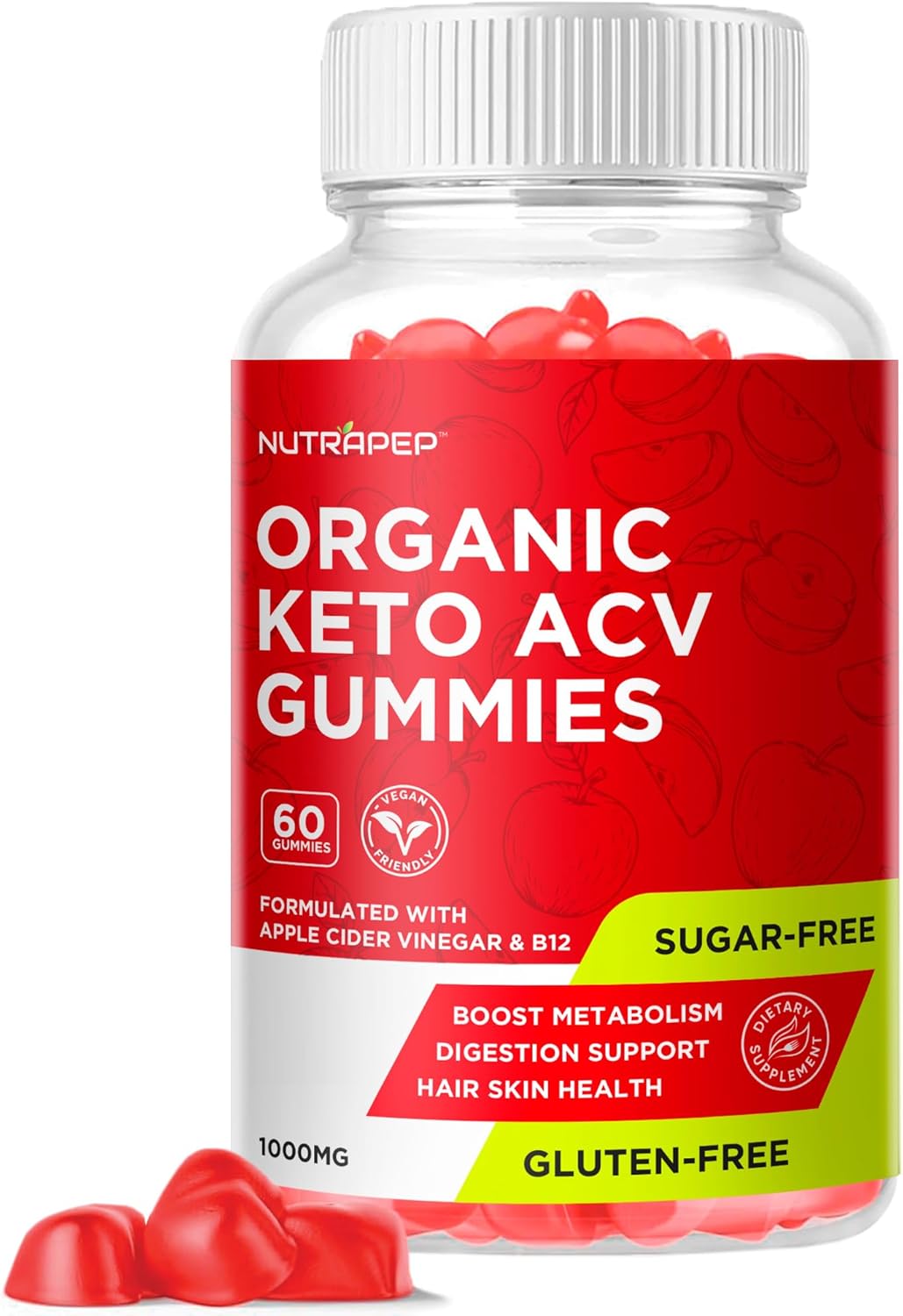 Organic Keto ACV Gummies - NutraPep Gluten-Free & Sugar-Free Apple Cider Vinegar Supplement for Men & Women (1000MG)