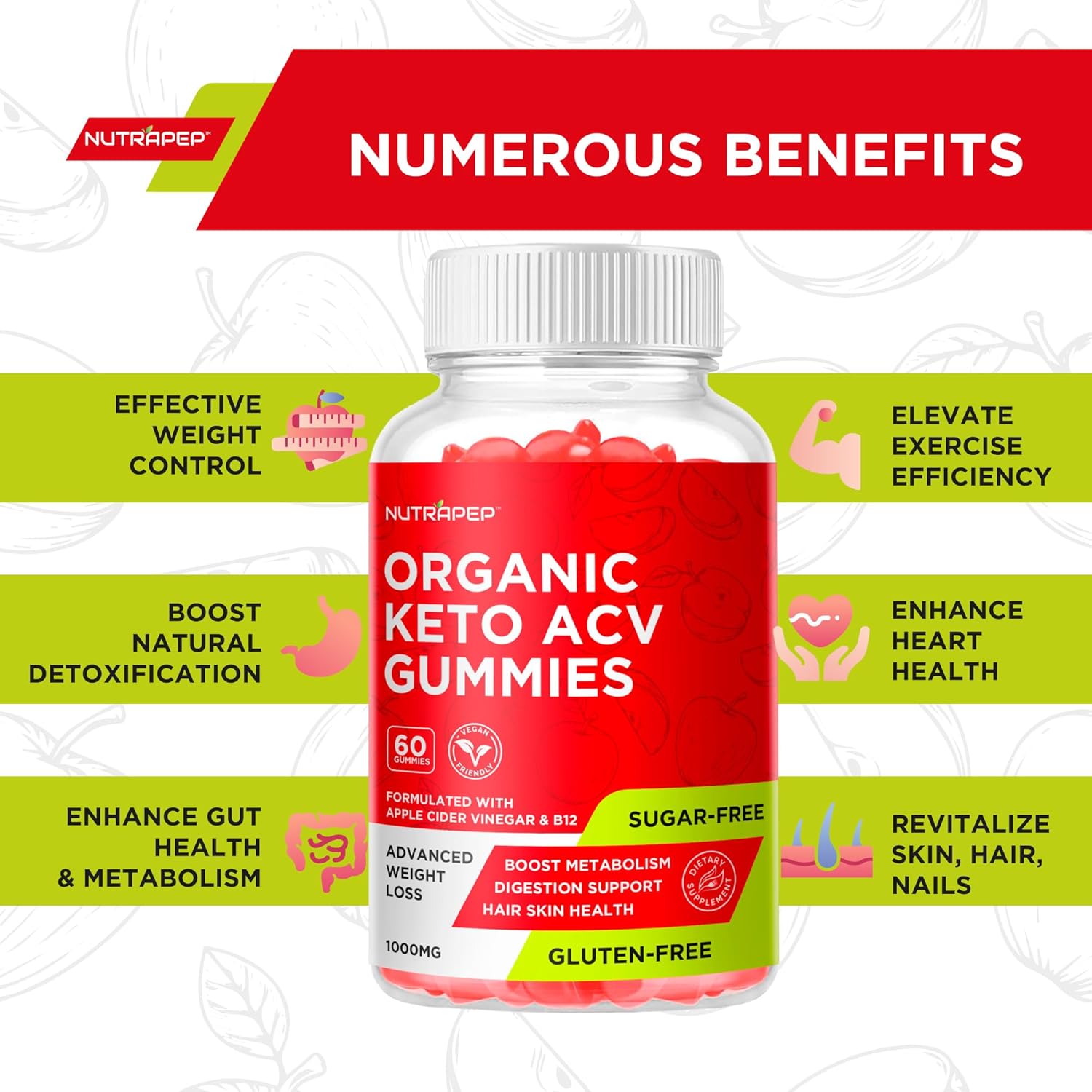 Organic Keto ACV Gummies - NutraPep Gluten-Free & Sugar-Free Apple Cider Vinegar Supplement for Men & Women (1000MG)