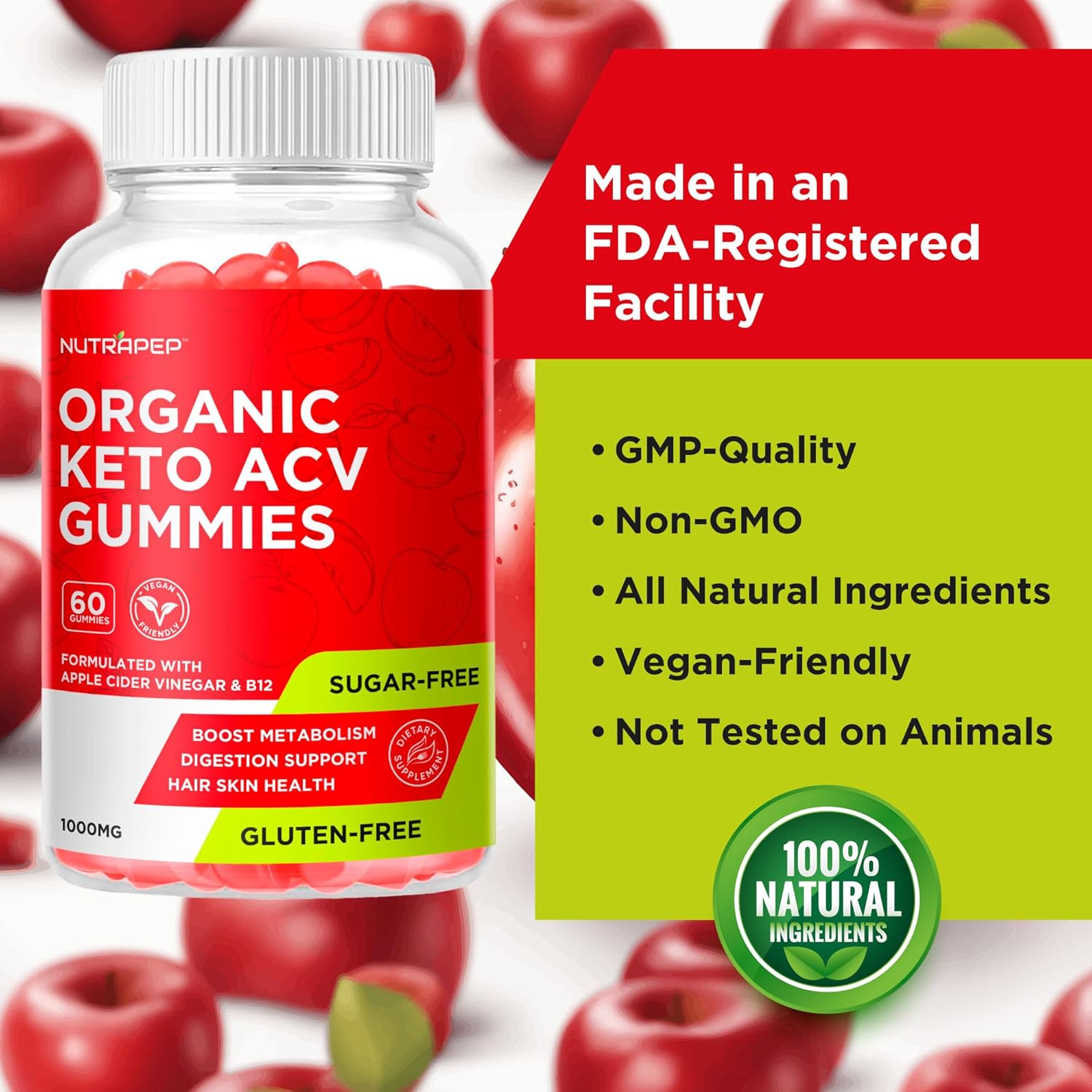 Organic Keto ACV Gummies - NutraPep Gluten-Free & Sugar-Free Apple Cider Vinegar Supplement for Men & Women (1000MG)