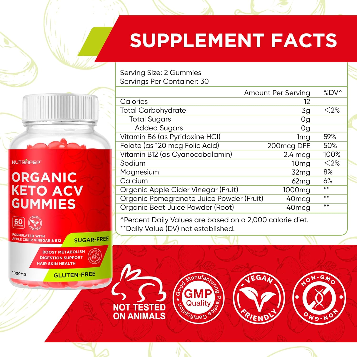 Organic Keto ACV Gummies - NutraPep Gluten-Free & Sugar-Free Apple Cider Vinegar Supplement for Men & Women (1000MG)