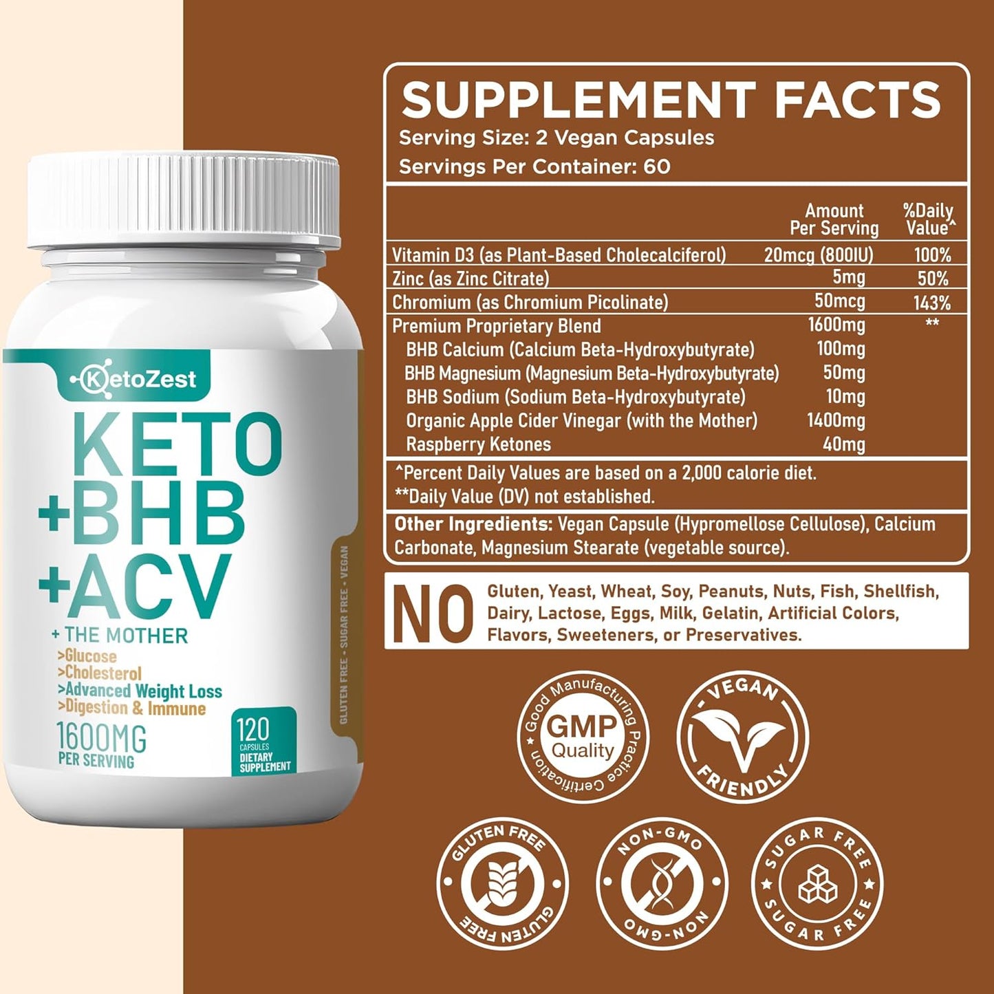 Organic KetoZest Apple Cider Vinegar BHB Capsules for Weight Loss & Fat Burn - Vegan Supplement with Vitamin D3 Zinc Chromium for Men and Women