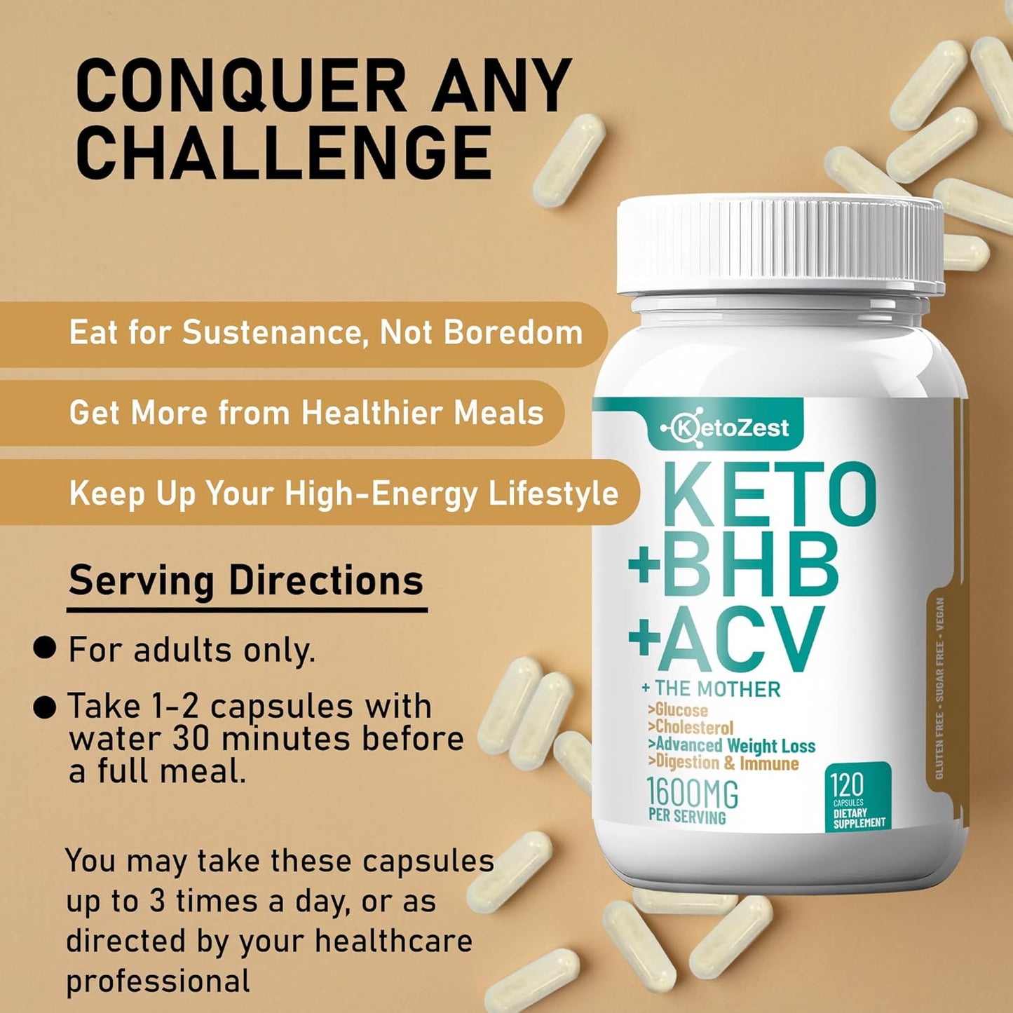 Organic KetoZest Apple Cider Vinegar BHB Capsules for Weight Loss & Fat Burn - Vegan Supplement with Vitamin D3 Zinc Chromium for Men and Women