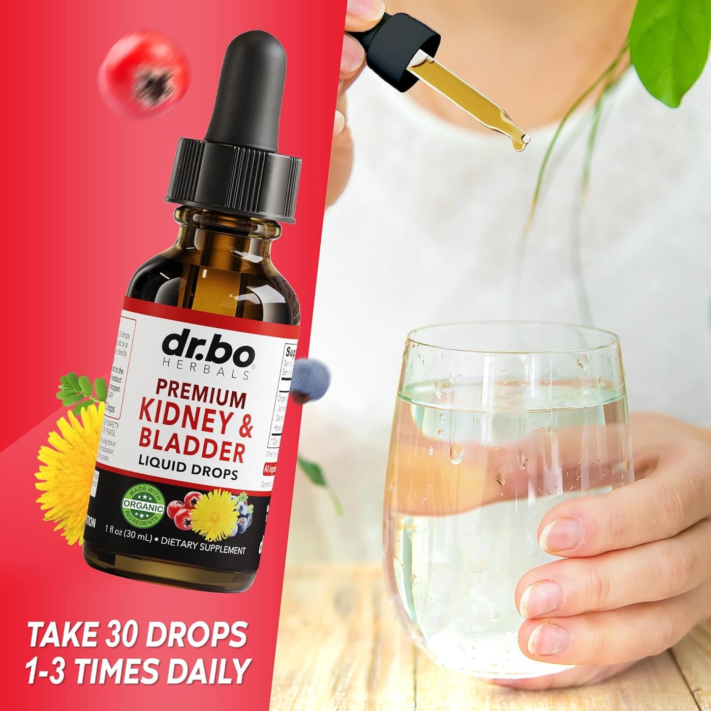 Organic Kidney Cleanse Detox Support Supplement - Bladder Health Drops with Juniper Berry, Cleavers, Dandelion & Cranberry - Renal & Urinary Tract Supplements for Kidneys