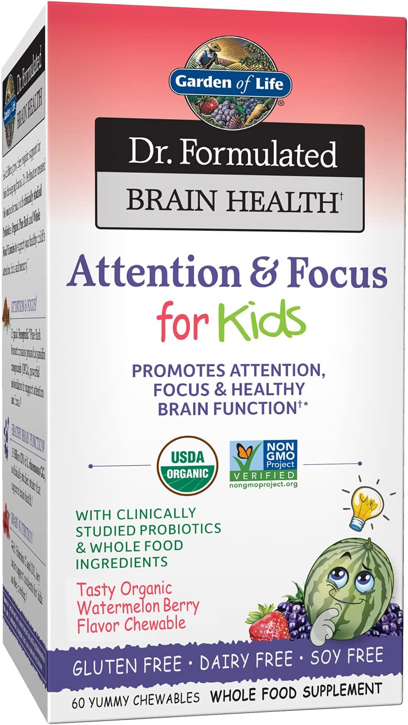 Organic Kids Brain Health Supplement with Wild Blueberry, Pine Bark, Vitamin C, D, Probiotics - Garden of Life Dr. Formulated, 60 Count