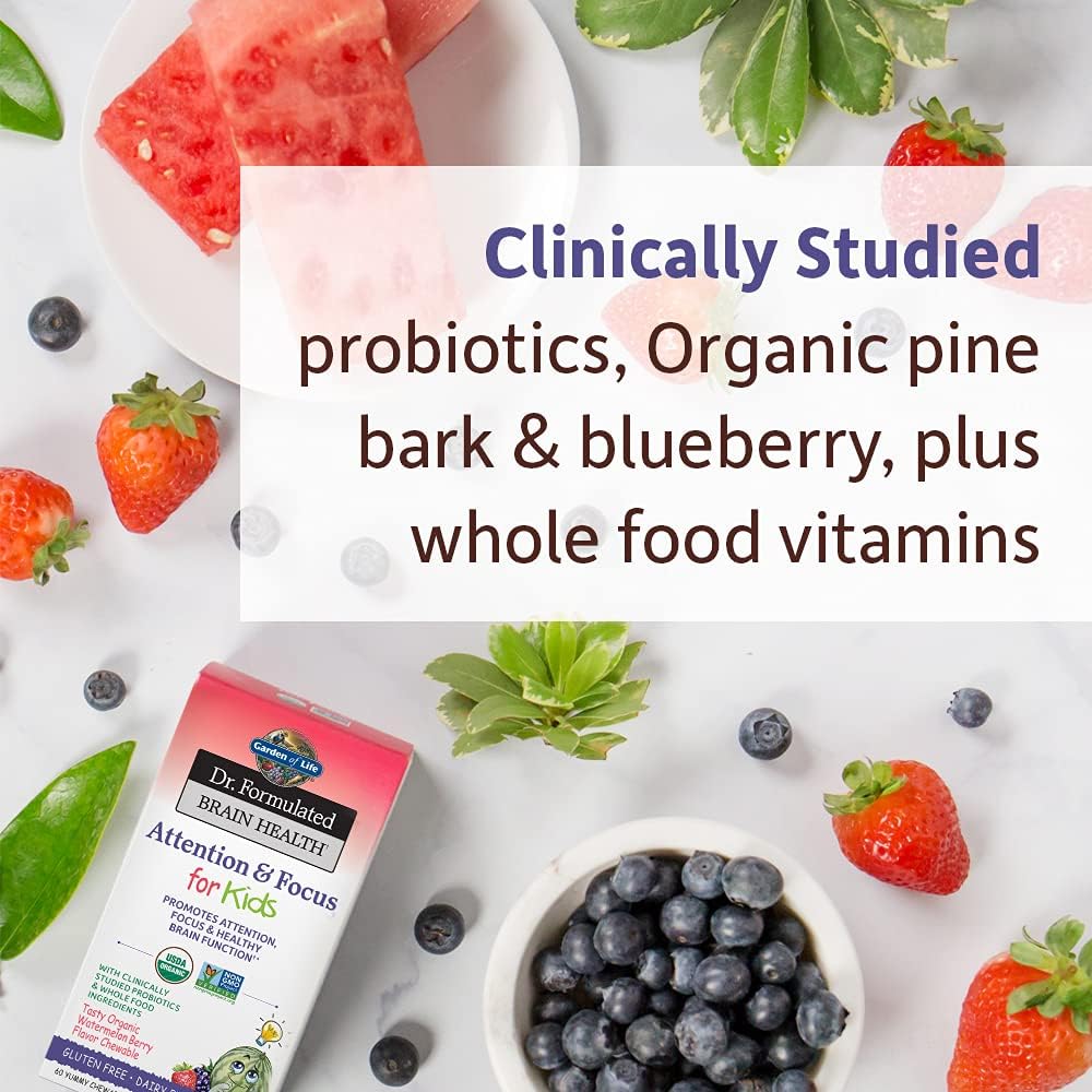 Organic Kids Brain Health Supplement with Wild Blueberry, Pine Bark, Vitamin C, D, Probiotics - Garden of Life Dr. Formulated, 60 Count