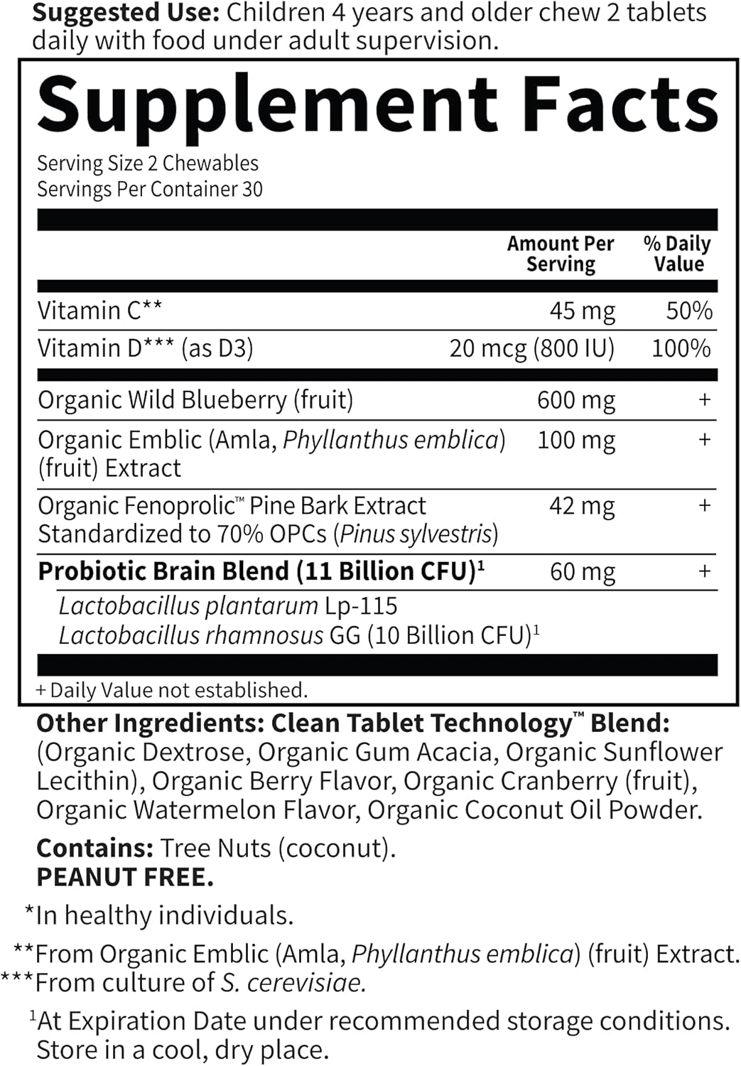 Organic Kids Brain Health Supplement with Wild Blueberry, Pine Bark, Vitamin C, D, Probiotics - Garden of Life Dr. Formulated, 60 Count
