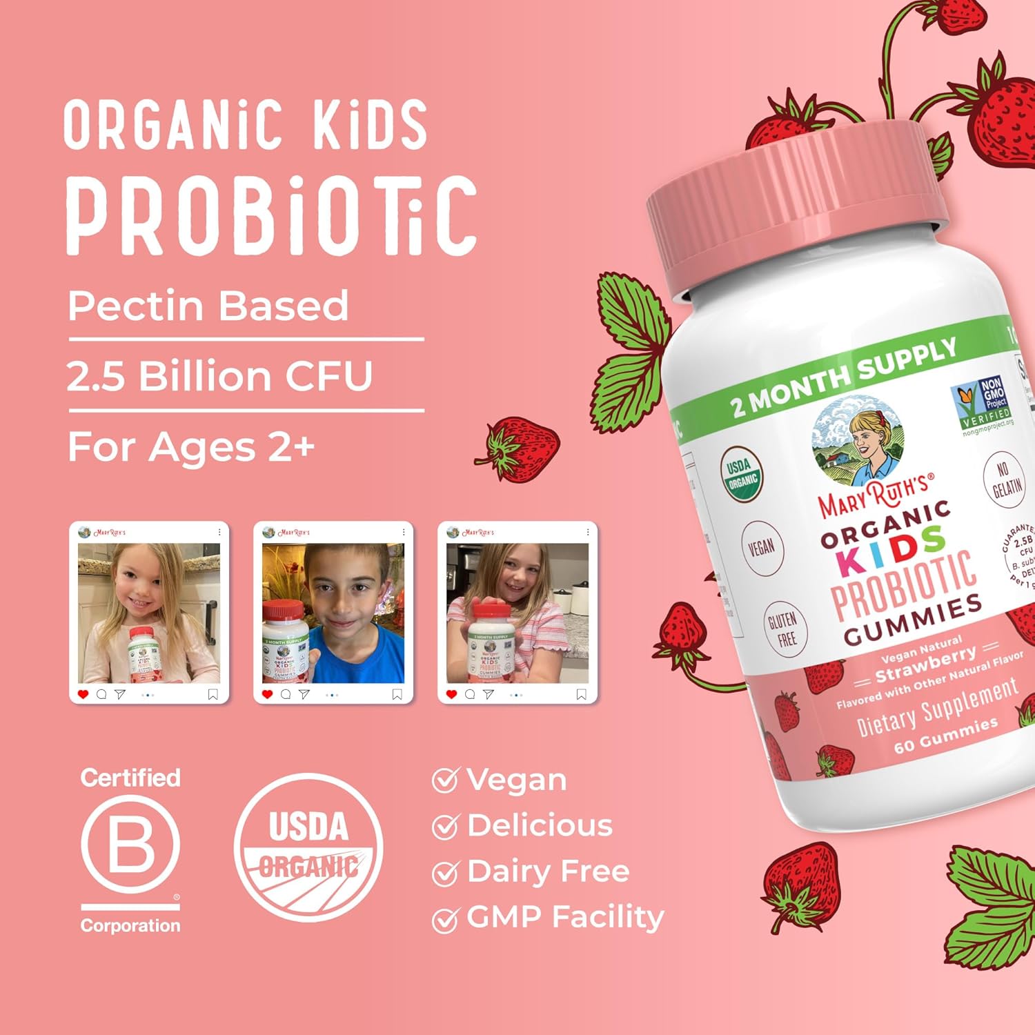 Organic Kids Probiotic Gummies for Digestive Health - USDA Certified, Vegan, Non-GMO, Gluten Free - Immune Support and Gut Health Supplement - 60 Count