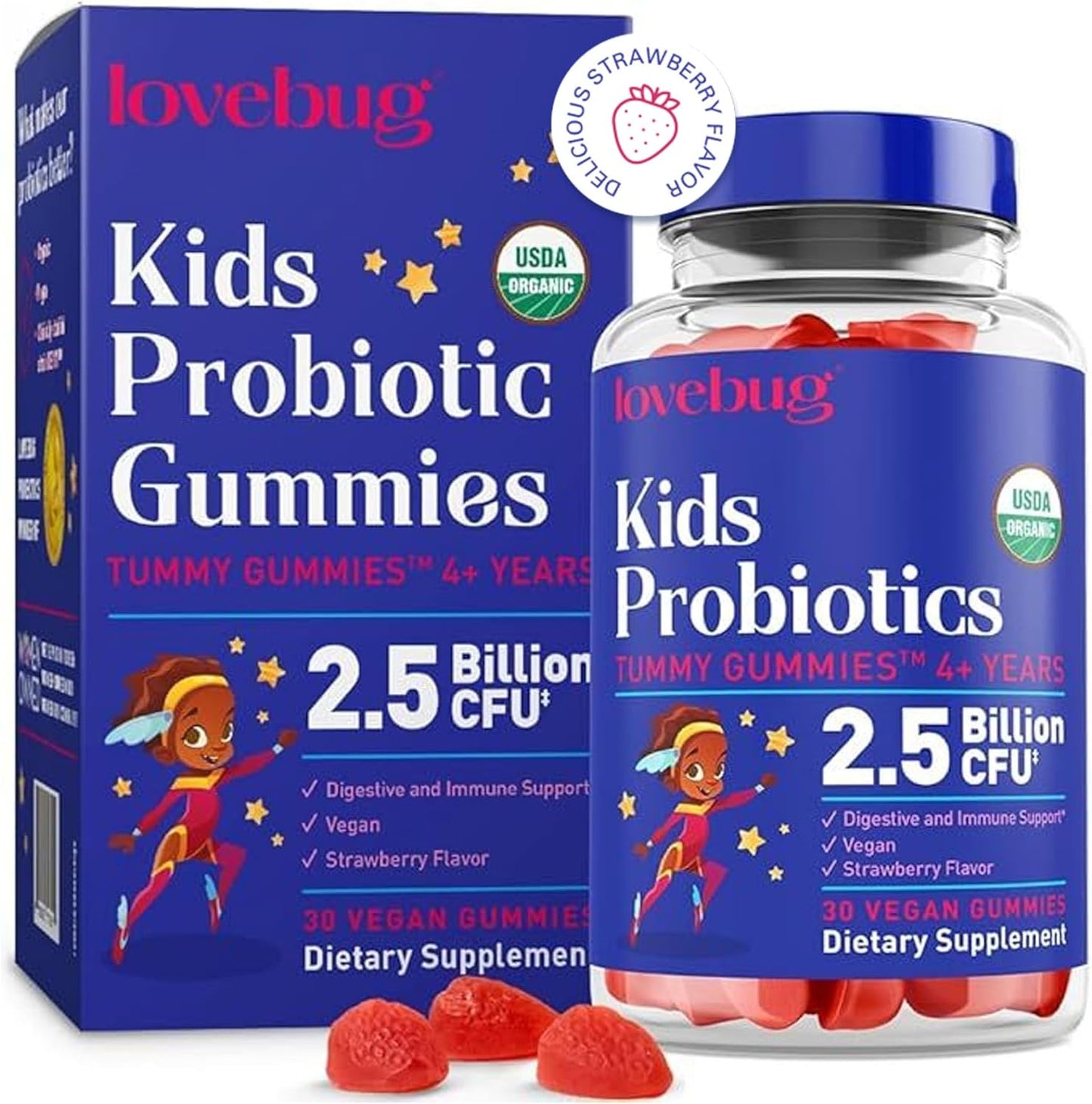 Organic Kids Probiotic Gummies for Gut Health & Immune Support - Vegan Chewable Probiotics for Children 4+, Strawberry Flavor, 30 Chews