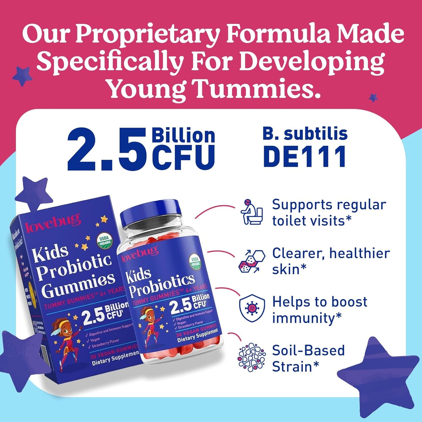 Organic Kids Probiotic Gummies for Gut Health & Immune Support - Vegan Chewable Probiotics for Children 4+, Strawberry Flavor, 30 Chews