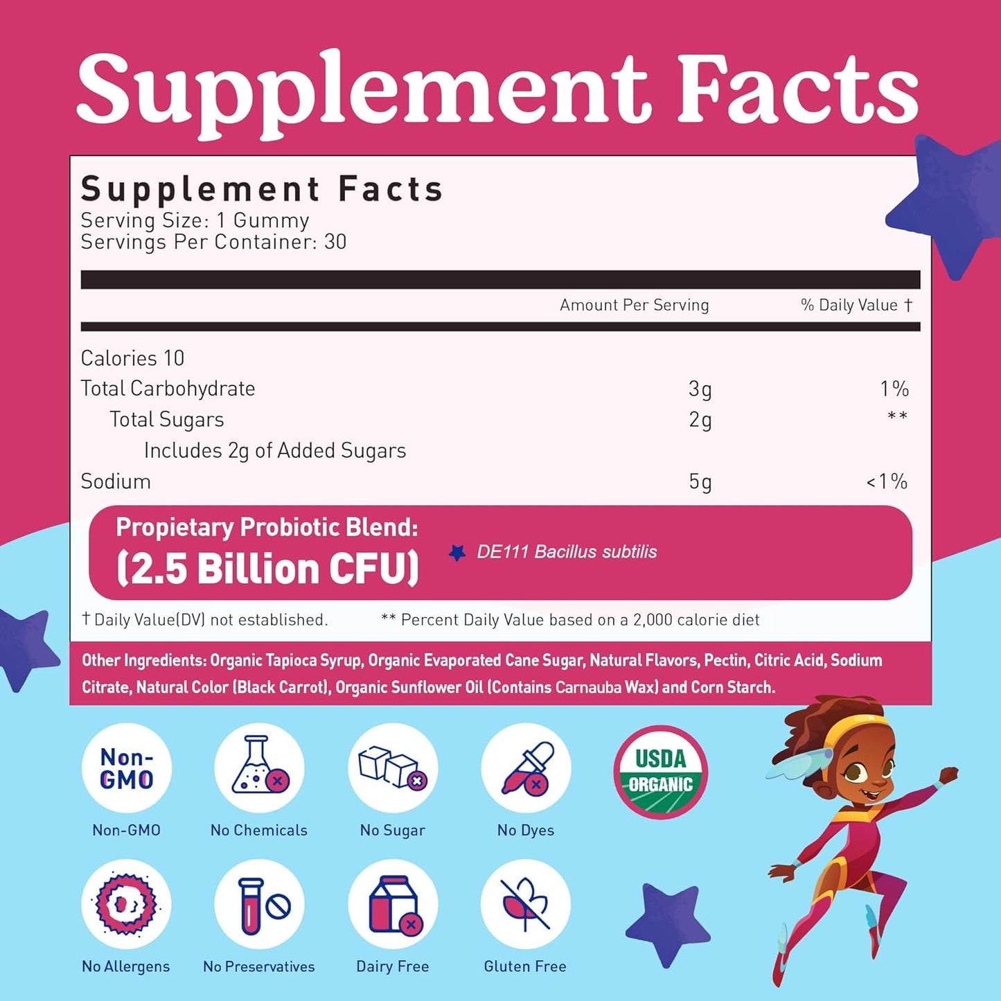 Organic Kids Probiotic Gummies for Gut Health & Immune Support - Vegan Chewable Probiotics for Children 4+, Strawberry Flavor, 30 Chews