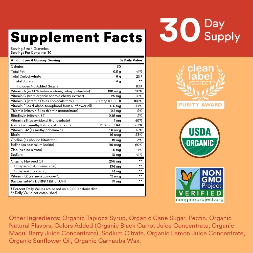 Organic Kids & Women's Multivitamin Gummies: Probiotics, Omega 3, Vitamin D3, B12, Fish Oil, Methylfolate, CoQ10