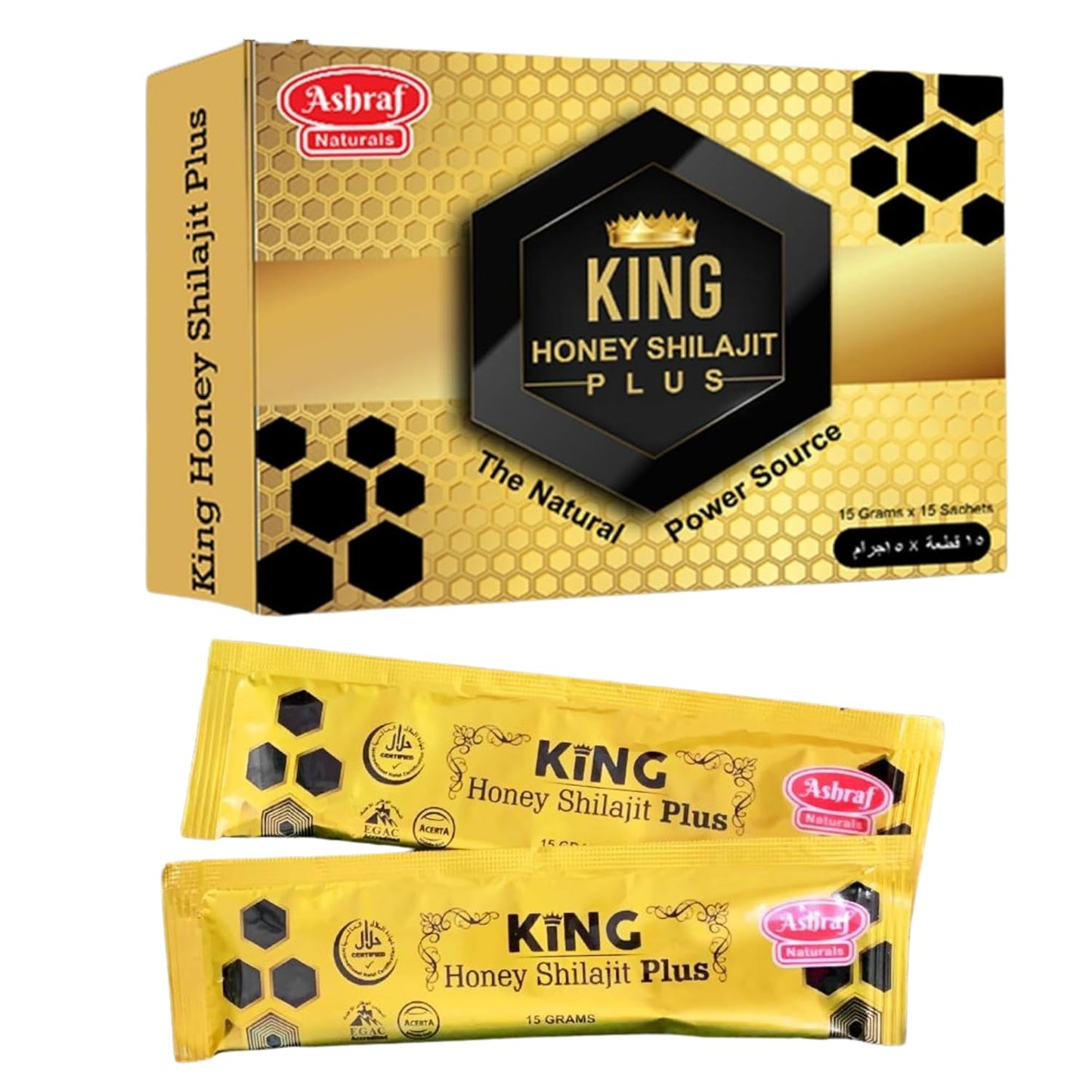 Organic King Honey Shilajit Plus - 15 Count Pack, 15gm Each - Natural Ingredients for Holistic Wellness and Power Boost