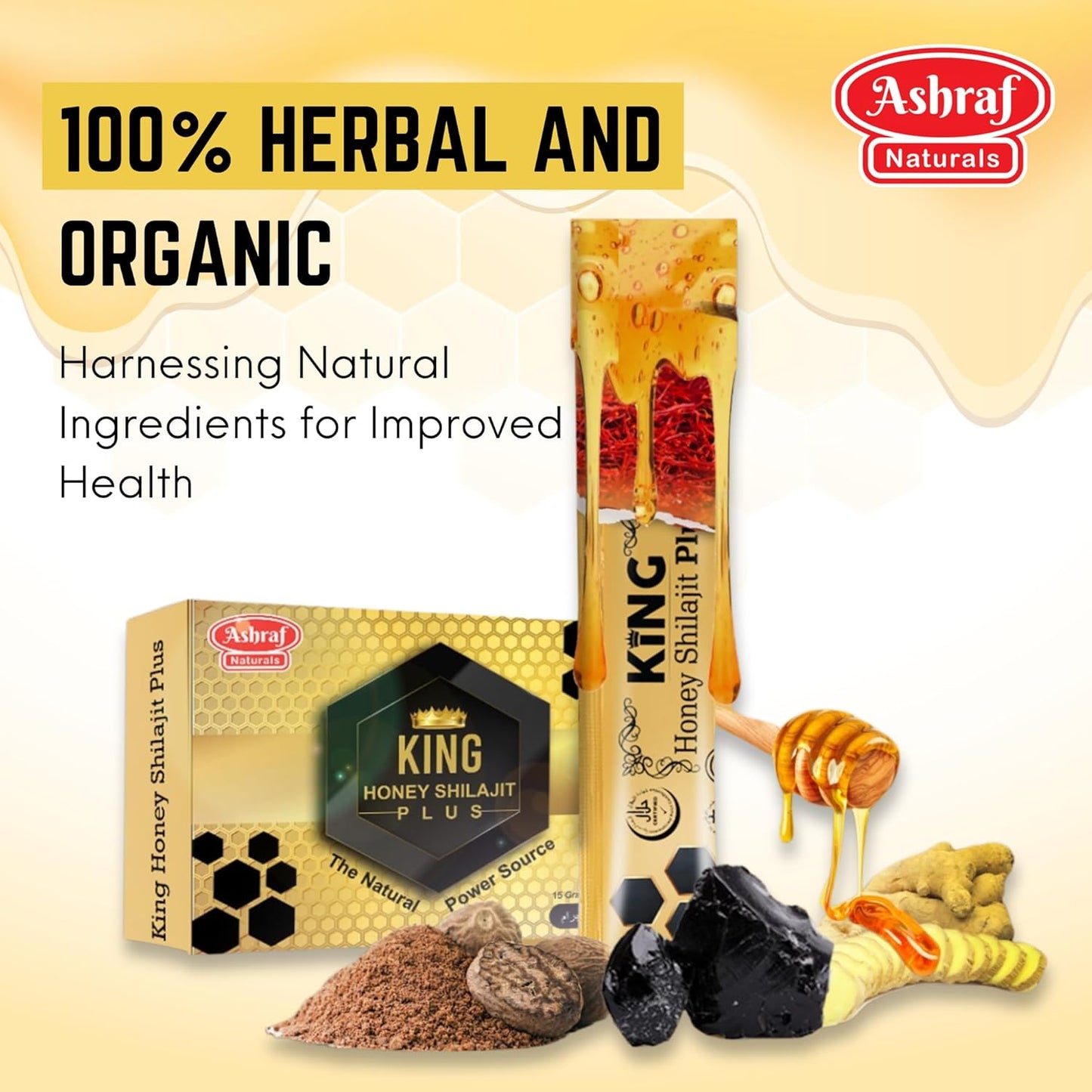 Organic King Honey Shilajit Plus - 15 Count Pack, 15gm Each - Natural Ingredients for Holistic Wellness and Power Boost