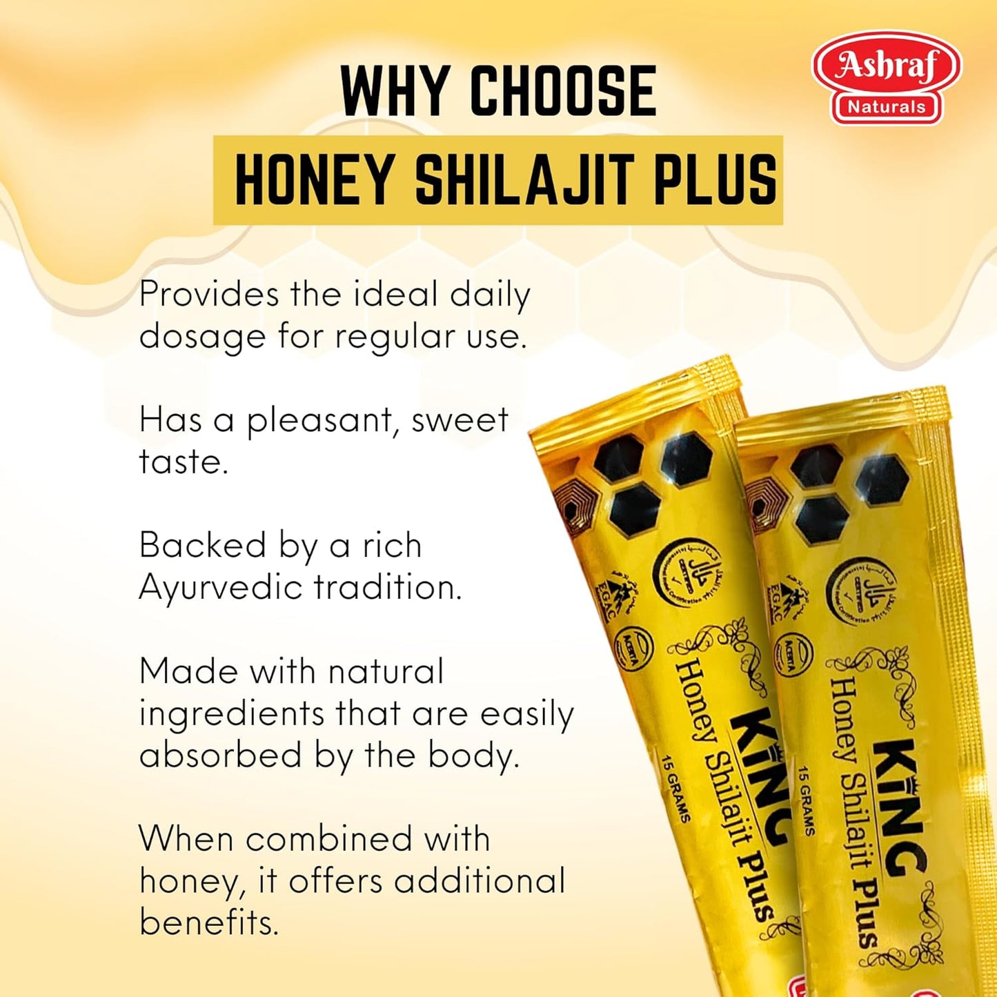 Organic King Honey Shilajit Plus - 15 Count Pack, 15gm Each - Natural Ingredients for Holistic Wellness and Power Boost