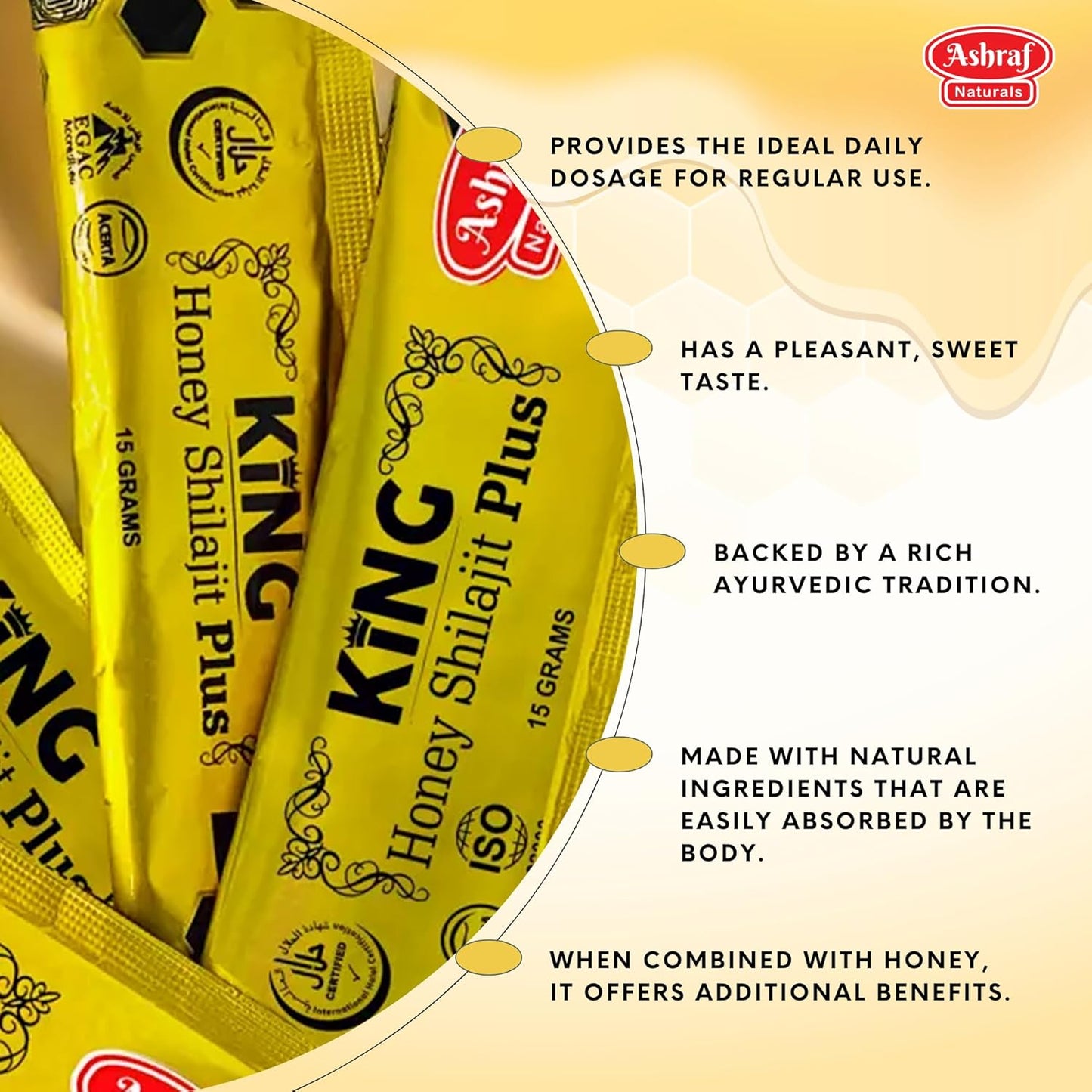 Organic King Honey Shilajit Plus - 15 Count Pack, 15gm Each - Natural Ingredients for Holistic Wellness and Power Boost