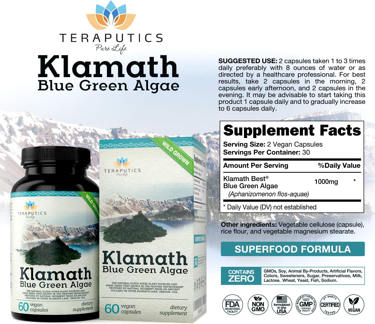 Organic Klamath Lake Blue Green Algae Capsules - Powerful Chlorophyll-Rich SuperFood | 500mg, 60 Vegan Capsules, Pure and Premium Quality