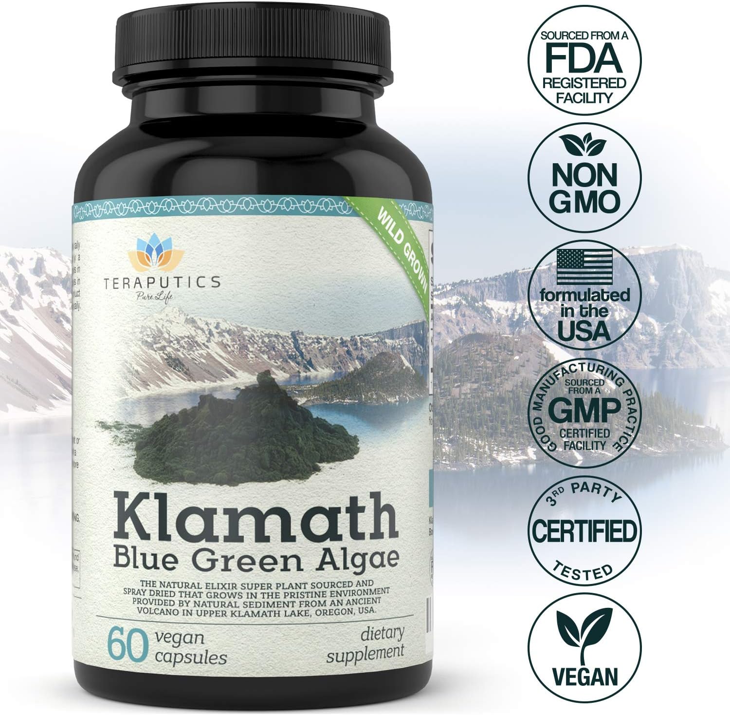 Organic Klamath Lake Blue Green Algae Capsules - Powerful Chlorophyll-Rich SuperFood | 500mg, 60 Vegan Capsules, Pure and Premium Quality
