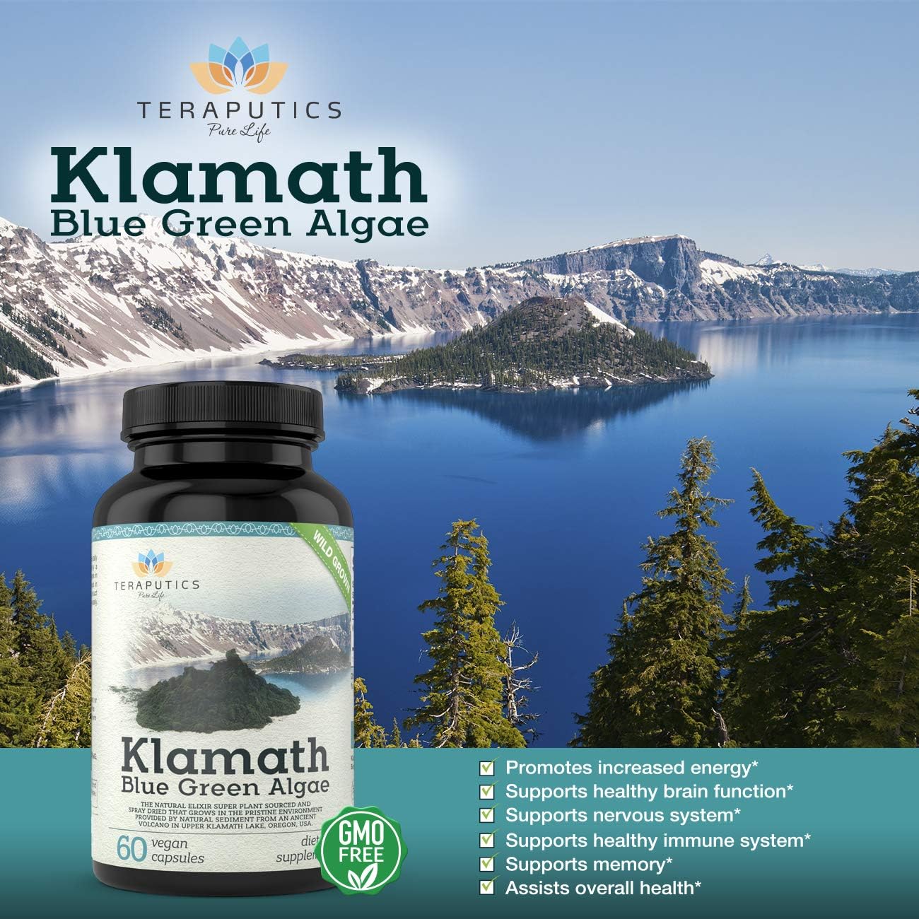 Organic Klamath Lake Blue Green Algae Capsules - Powerful Chlorophyll-Rich SuperFood | 500mg, 60 Vegan Capsules, Pure and Premium Quality