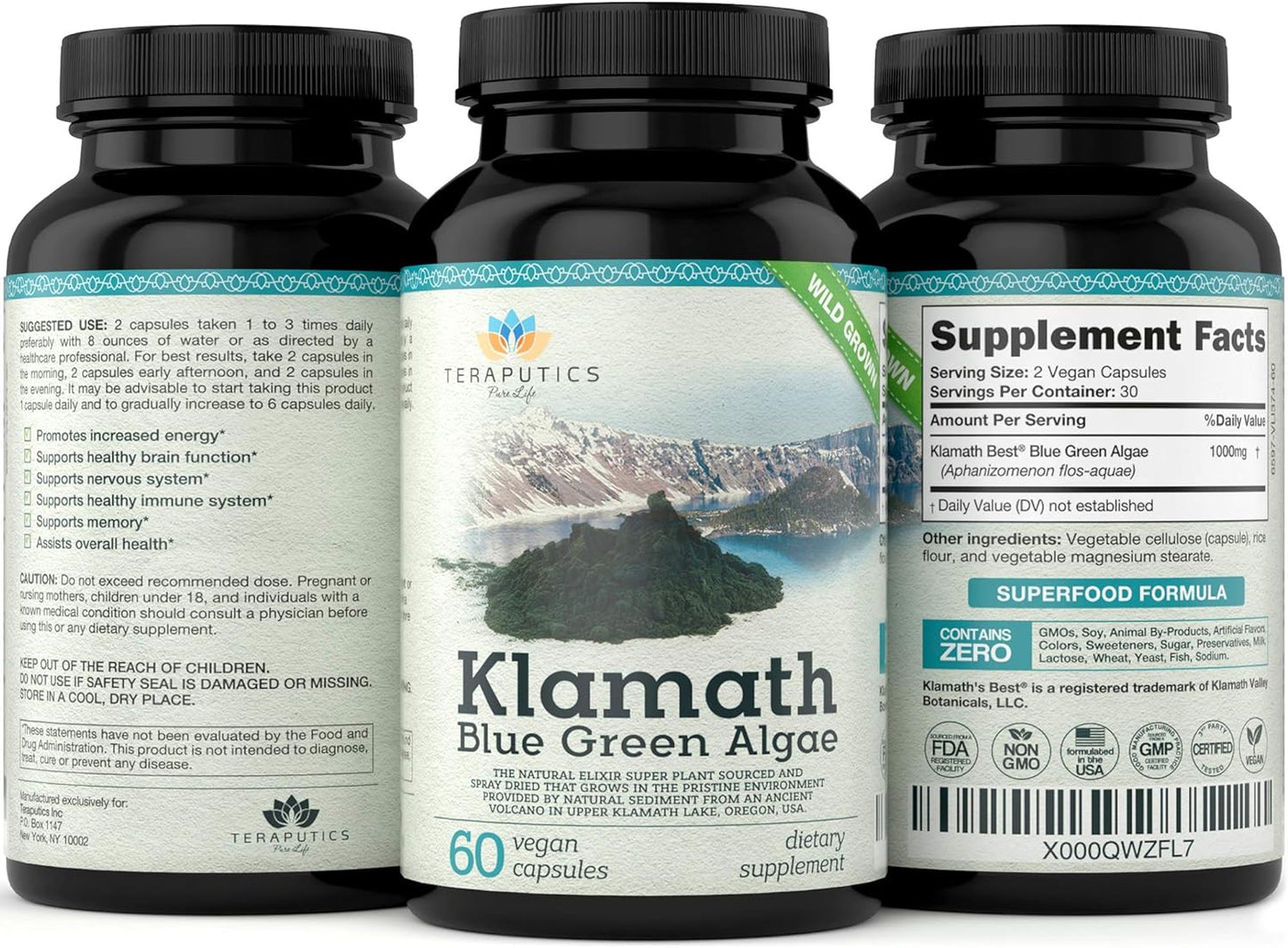 Organic Klamath Lake Blue Green Algae Capsules - Powerful Chlorophyll-Rich SuperFood | 500mg, 60 Vegan Capsules, Pure and Premium Quality