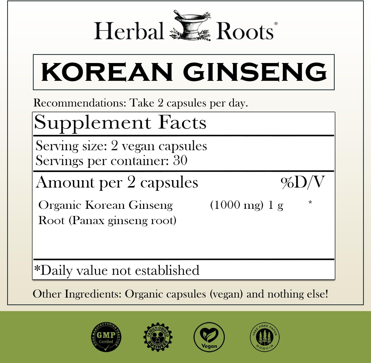 Organic Korean Ginseng Root Powder Capsules - 1000mg with High Ginsenosides for Energy & Performance