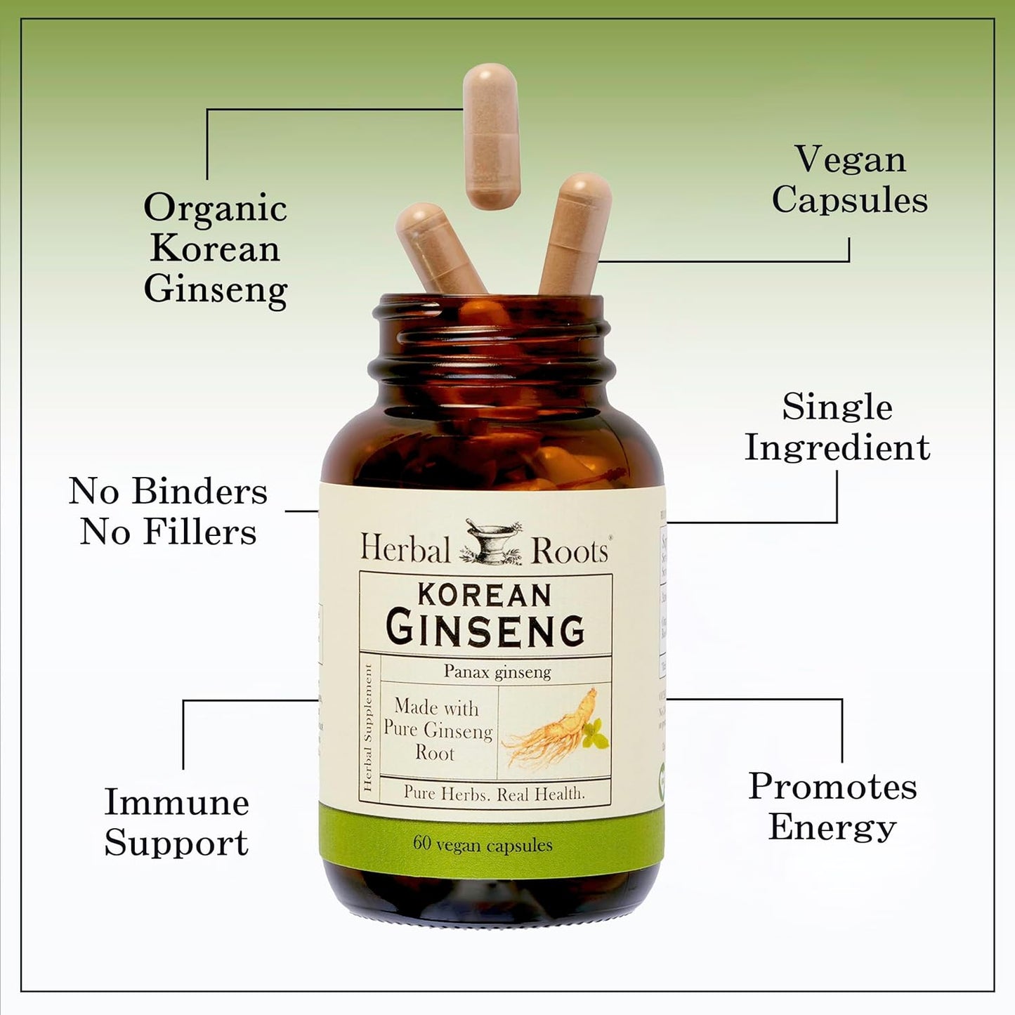 Organic Korean Ginseng Root Powder Capsules - 1000mg with High Ginsenosides for Energy & Performance