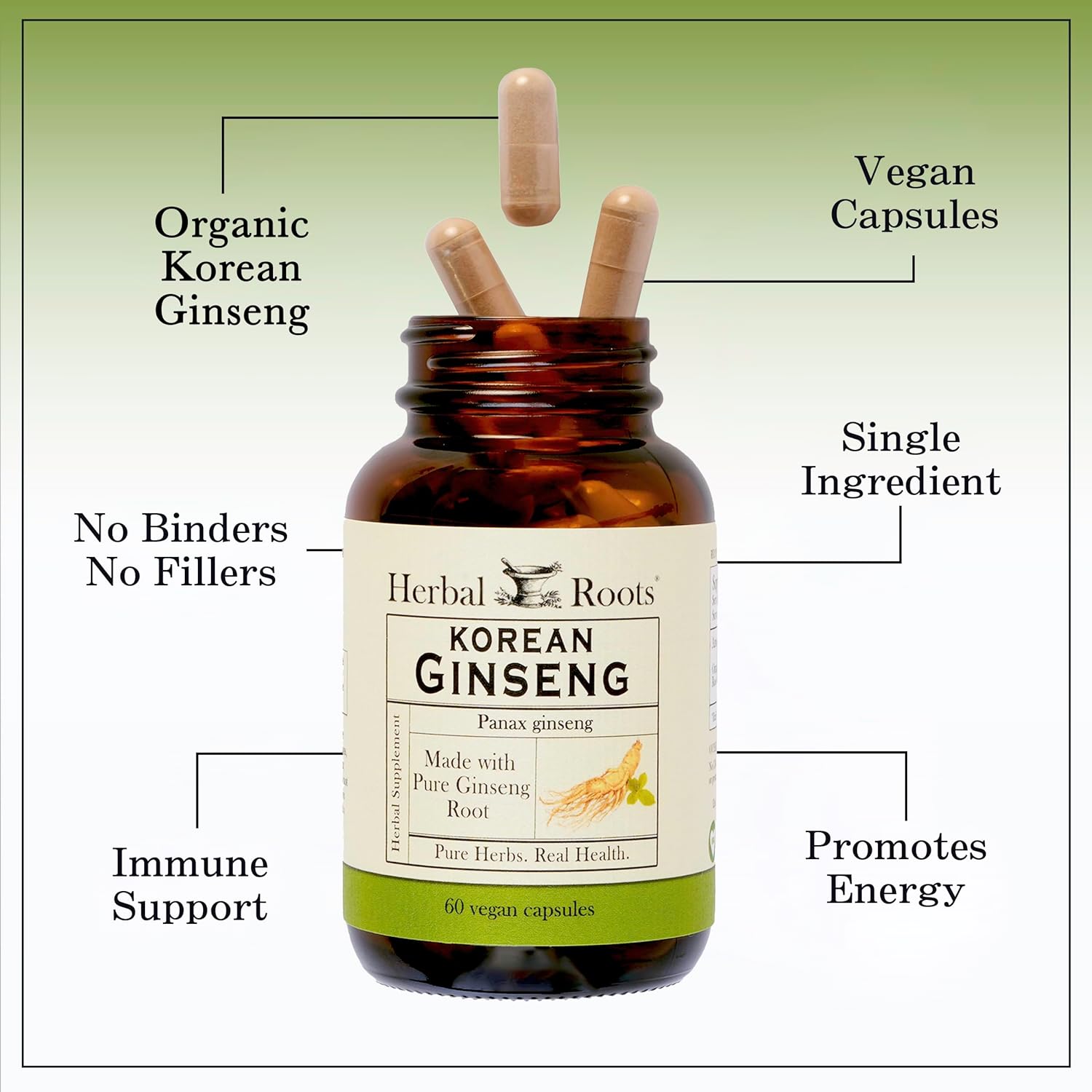 Organic Korean Ginseng Root Powder Capsules - 1000mg with High Ginsenosides for Energy & Performance