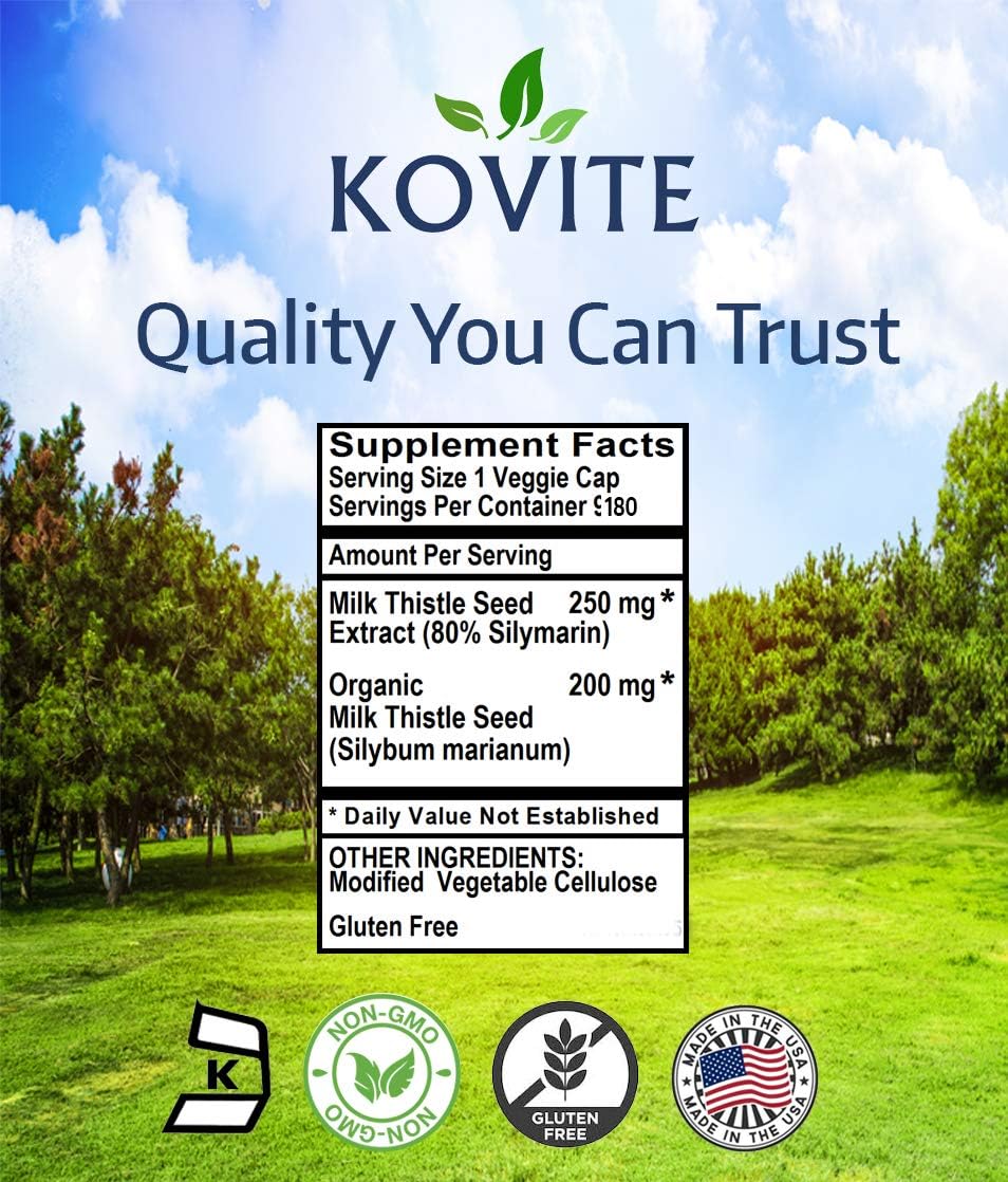 Organic Kosher Milk Thistle Capsules - 450mg Silymarin, 90 Vegetarian Capsules - Kovite Standardized Formula